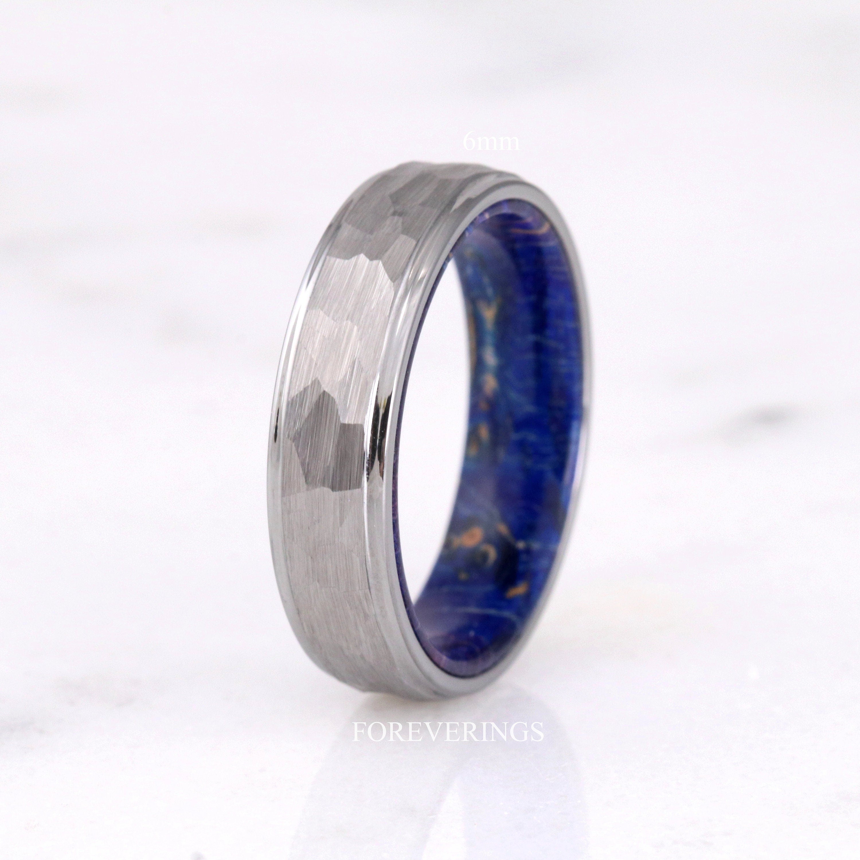 Mens Blue Wood Ring, Silver Tungsten Wedding Band, 8mm-6mm, Brushed Matte, Flat, Unique Ring, Gift for Him, Nature Ring, Anniversary Gift