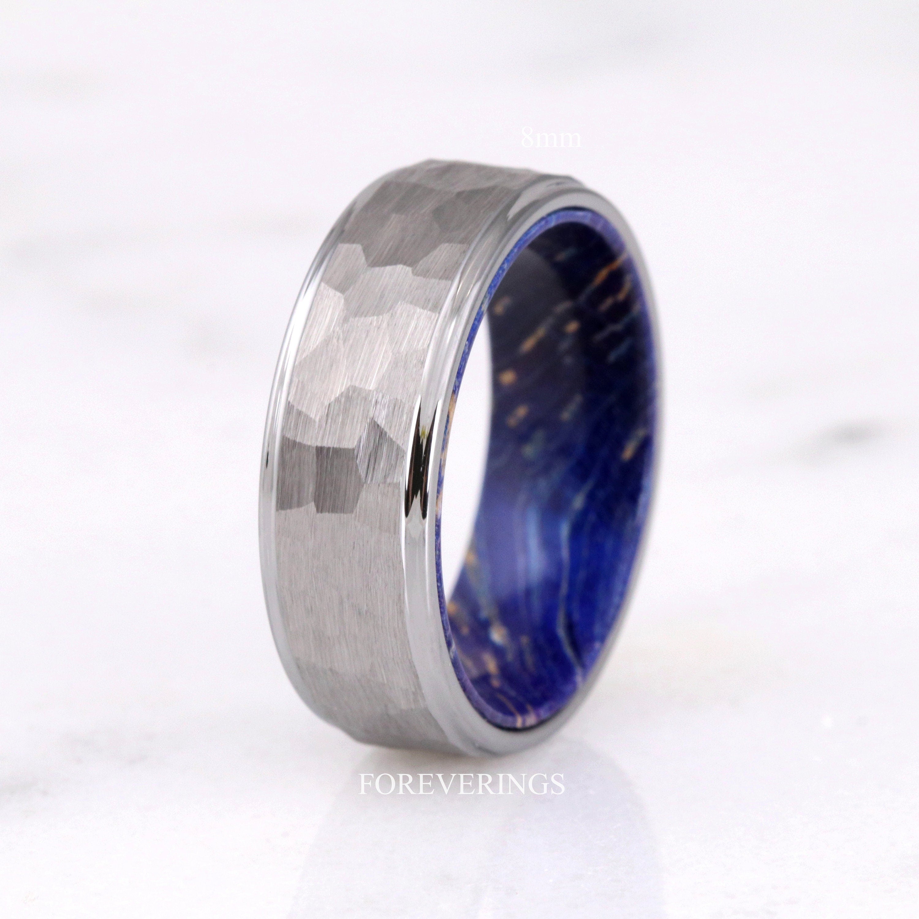 Mens Blue Wood Ring, Silver Tungsten Wedding Band, 8mm-6mm, Brushed Matte, Flat, Unique Ring, Gift for Him, Nature Ring, Anniversary Gift