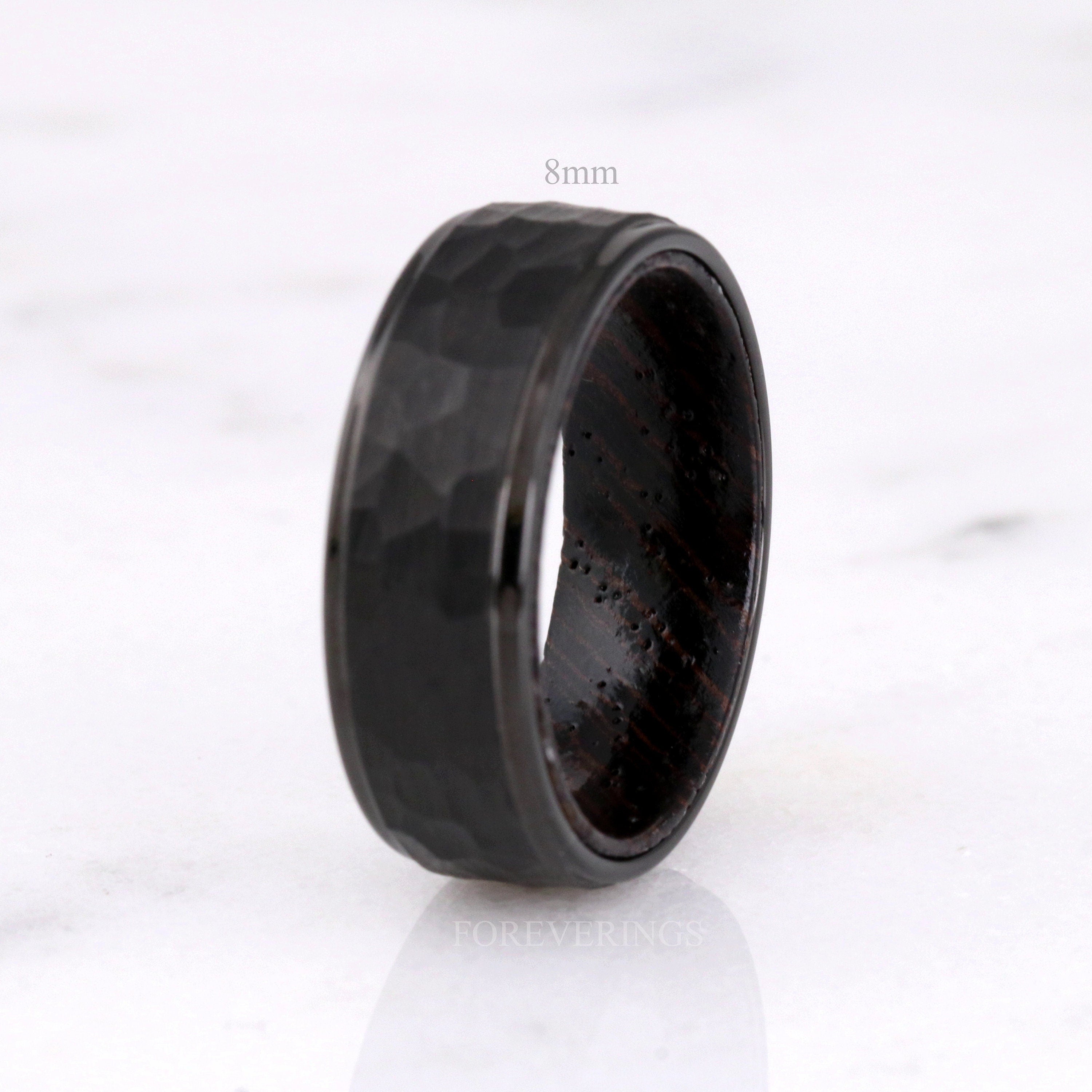 8mm Wenge Wood Ring, Hammered Tungsten Wedding Band, Dark Wood Ring, Black, Matte Brushed, Flat, Hammer, Comfort Fit