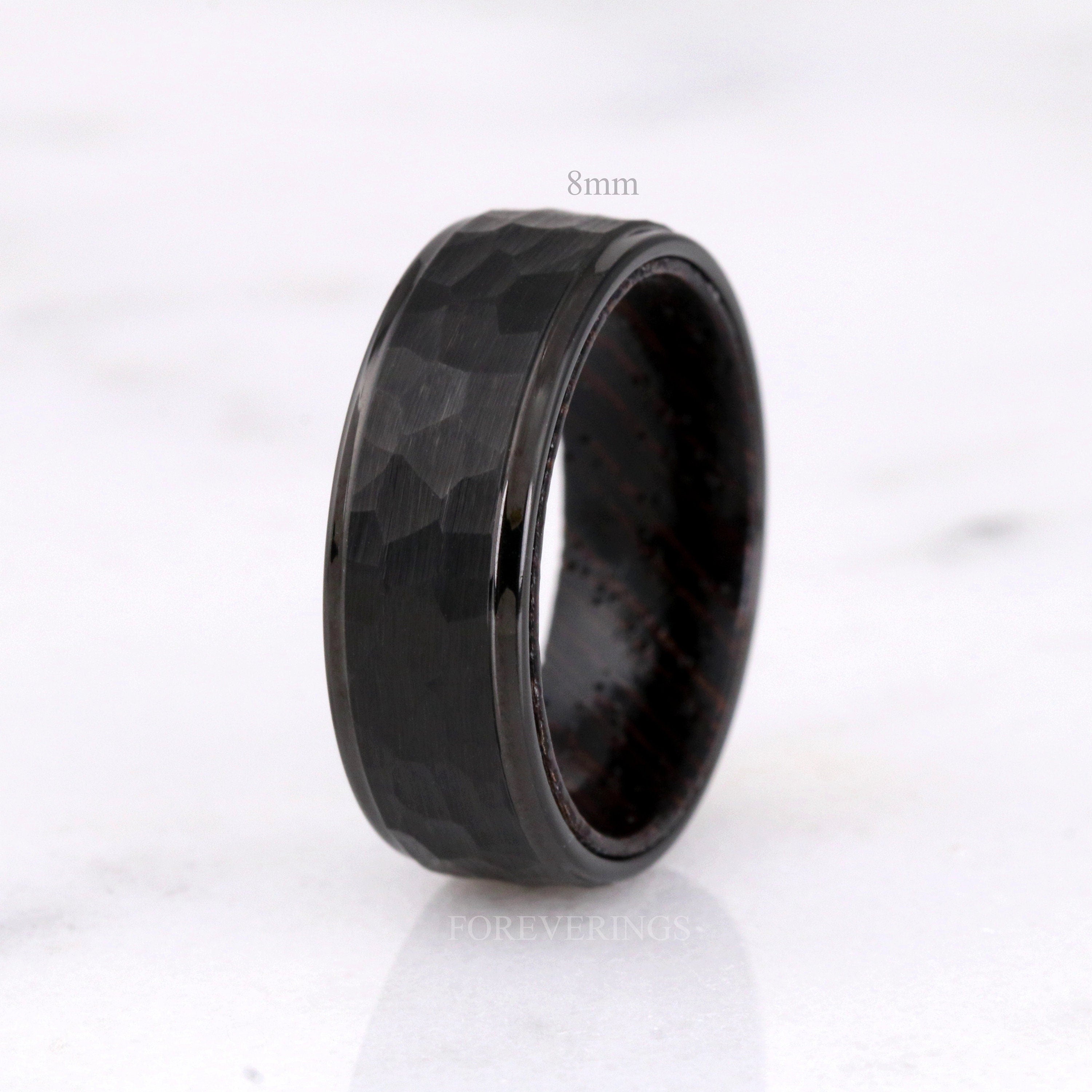 8mm Wenge Wood Ring, Hammered Tungsten Wedding Band, Dark Wood Ring, Black, Matte Brushed, Flat, Hammer, Comfort Fit