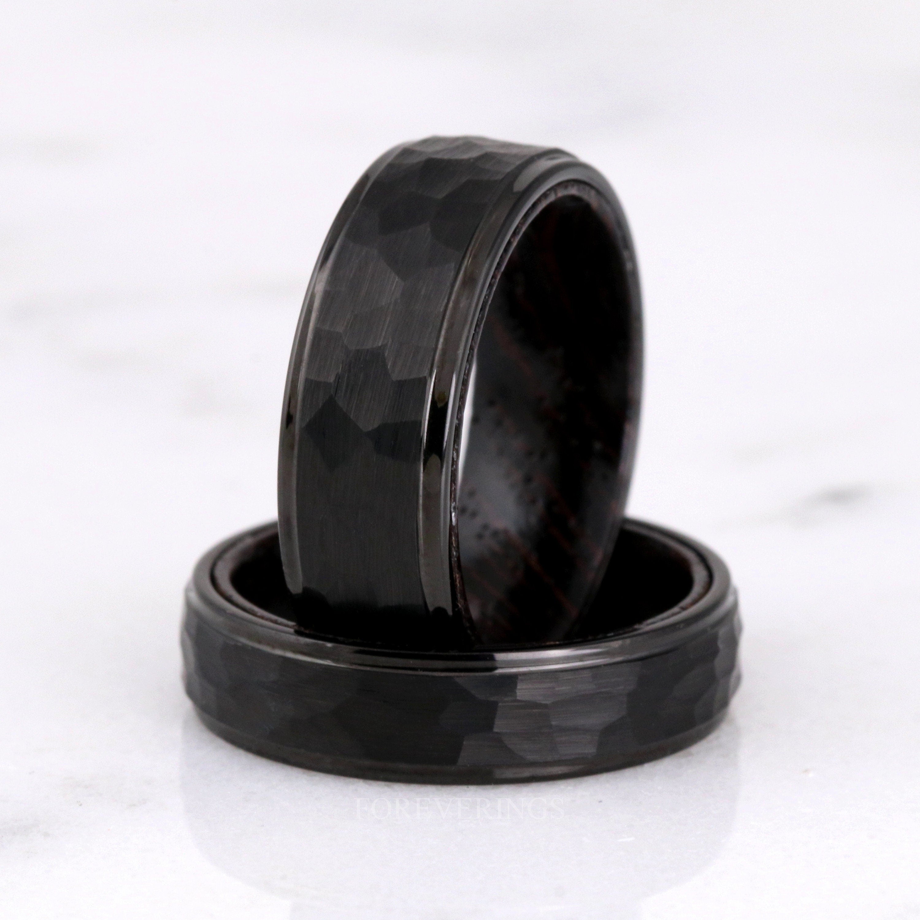 8mm Wenge Wood Ring, Hammered Tungsten Wedding Band, Dark Wood Ring, Black, Matte Brushed, Flat, Hammer, Comfort Fit