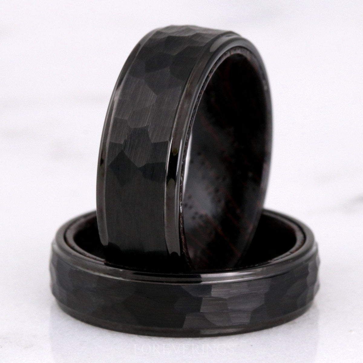 8mm Wenge Wood Ring, Hammered Tungsten Wedding Band, Dark Wood Ring, Black, Matte Brushed, Flat, Hammer, Comfort Fit