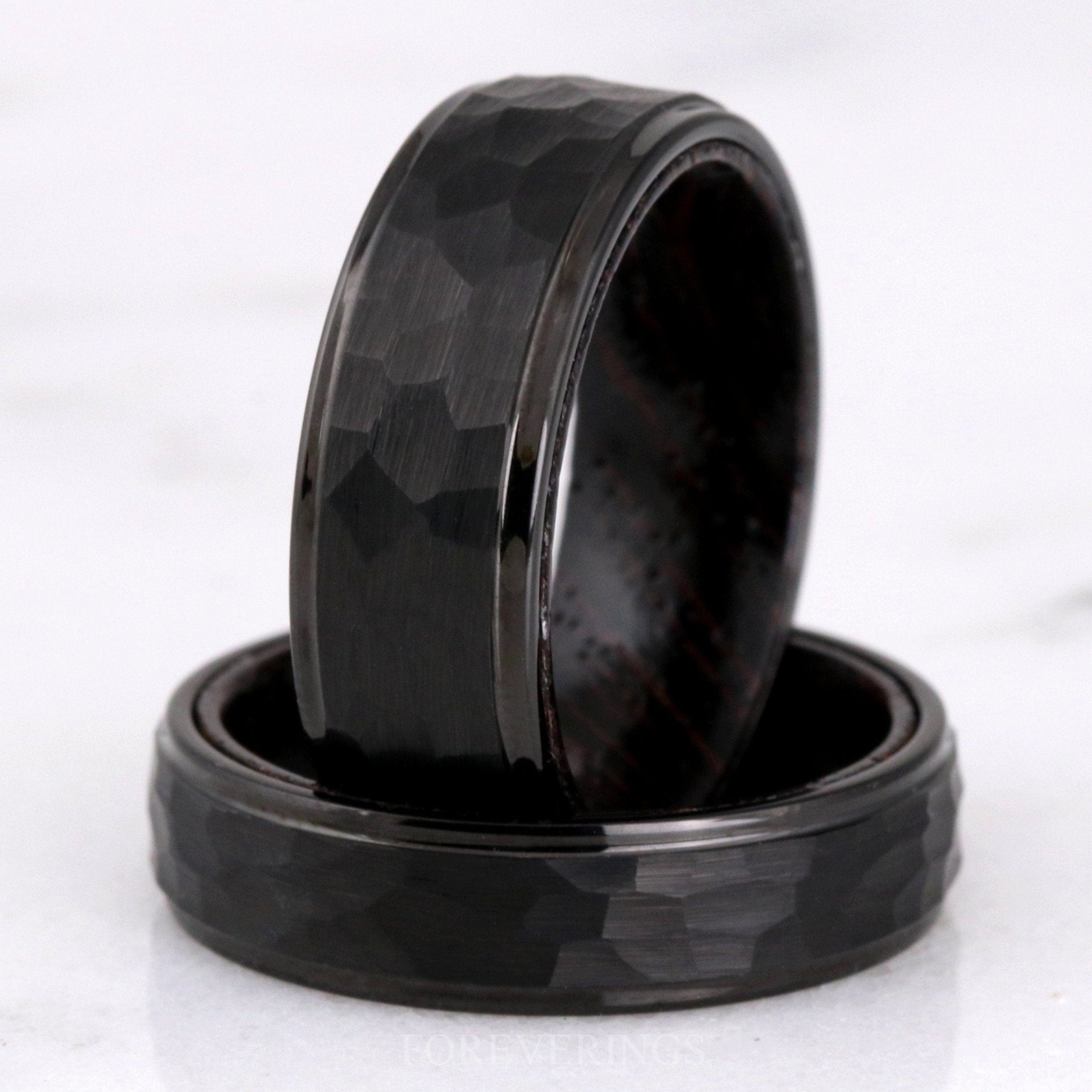 8mm Wenge Wood Ring, Hammered Tungsten Wedding Band, Dark Wood Ring, Black, Matte Brushed, Flat, Hammer, Comfort Fit