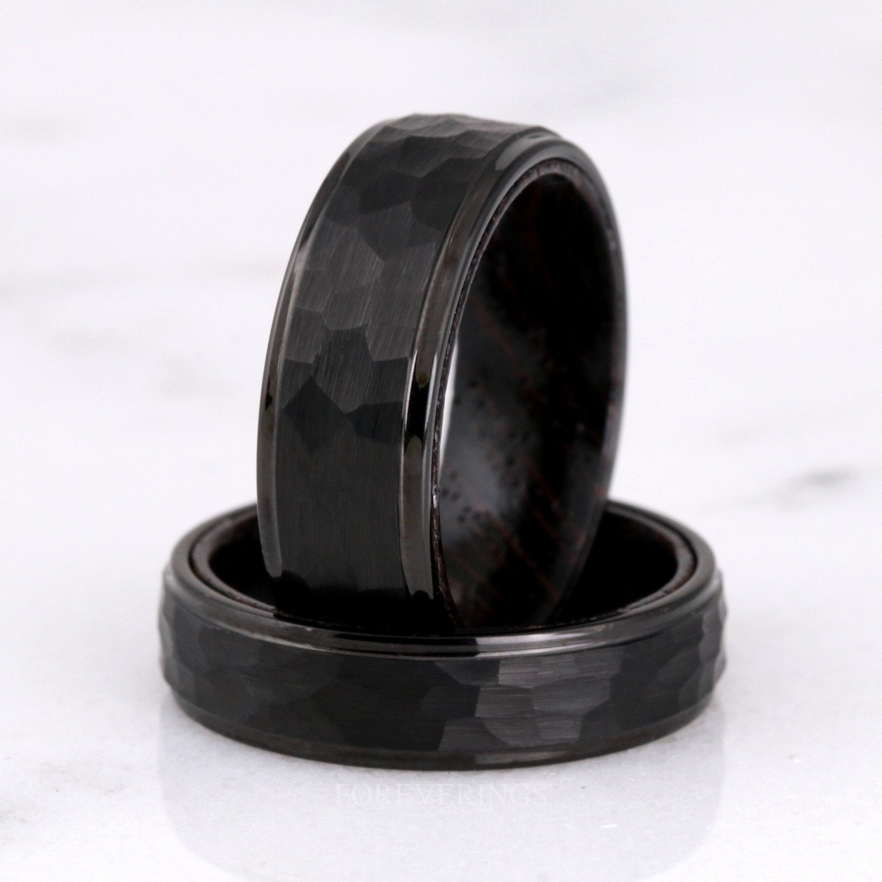 8mm Wenge Wood Ring, Hammered Tungsten Wedding Band, Dark Wood Ring, Black, Matte Brushed, Flat, Hammer, Comfort Fit