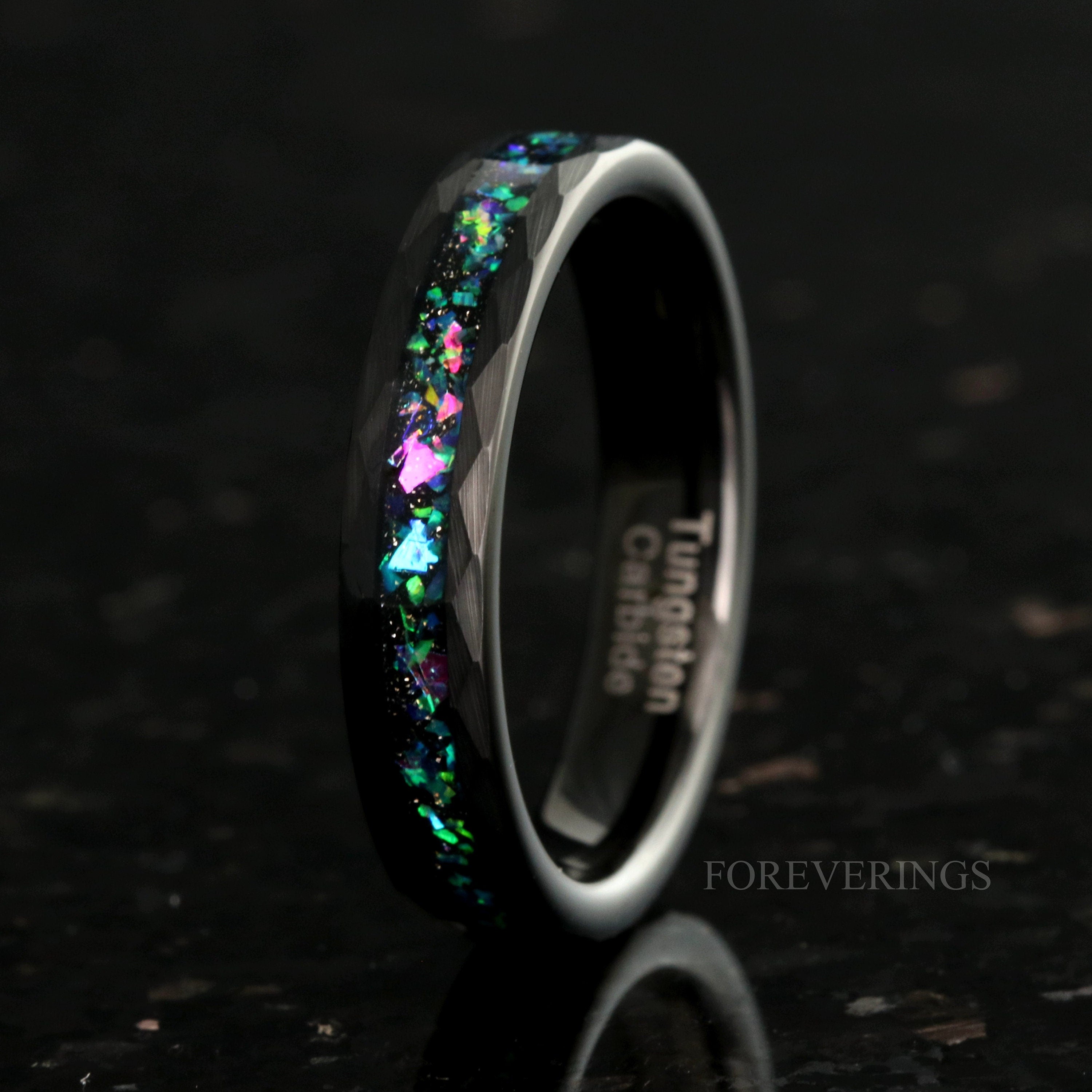 Galaxy Opal Ring, 4mm Black Tungsten Wedding Band, Hammered, Flat, Matte Brushed, Comfort Fit, Women Men Ring