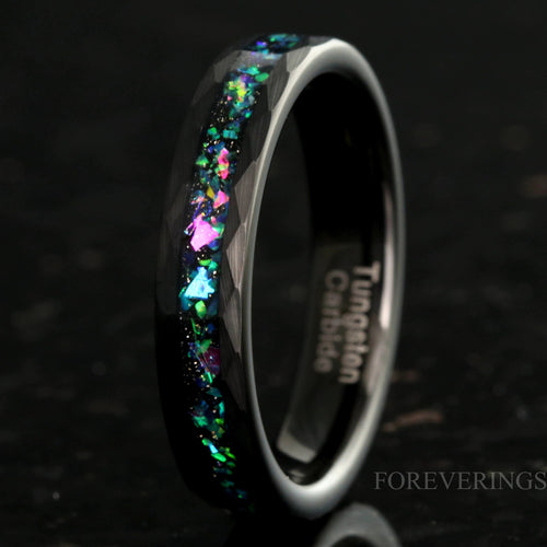 Galaxy Opal Hammered Matte Black Tungsten Band | 4mm Flat Ring