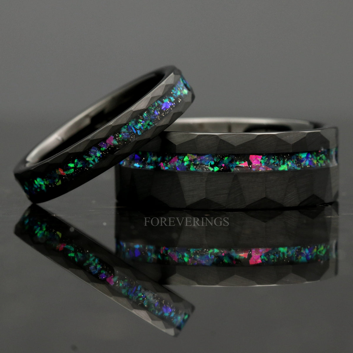 Galaxy Opal Offset Inlay Black Tungsten Ring | Mens Hammered Wedding Band