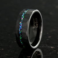Galaxy Opal Offset Inlay Black Tungsten Ring | Mens Hammered Wedding Band