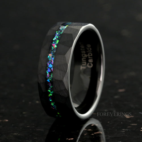 Galaxy Opal Offset Inlay Black Tungsten Ring | Mens Hammered Wedding Band