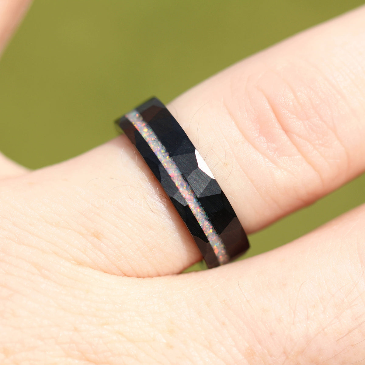 White Fire Opal Mens Wedding Band | 8mm-6mm Black Tungsten