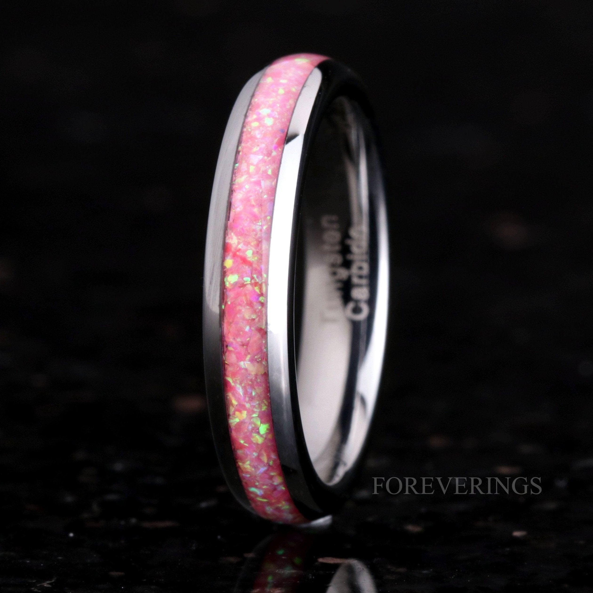 Pink Opal Ring, Woman Tungsten Wedding Band, Pink Fire Opal Band, Pink Band, Women Men Ring, Silver Tungsten Ring, Dome, Polish, Engraving