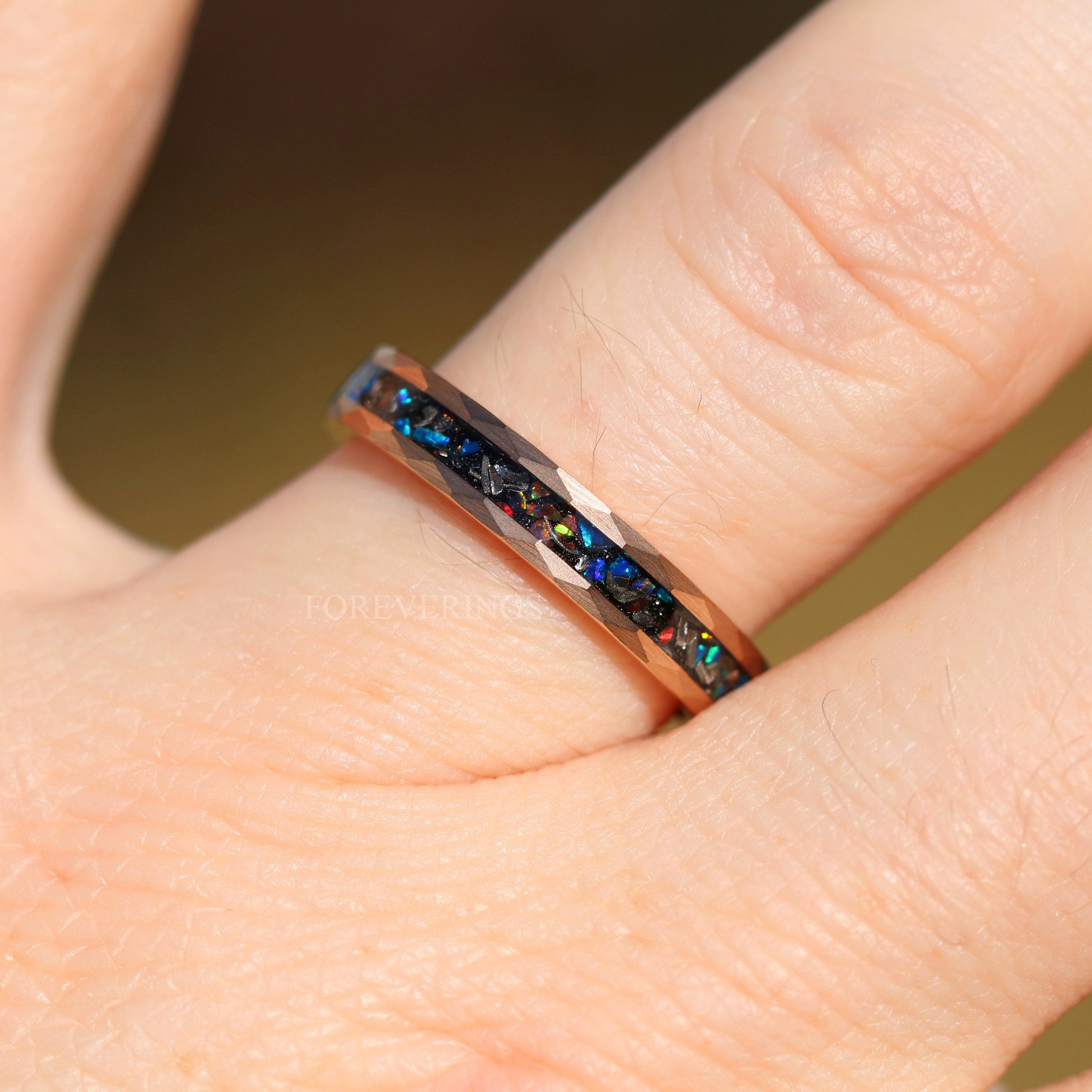 Meteorite and Galaxy Opal Ring Set, His and Hers Tungsten Wedding Band, 8mm & 4mm Rose Gold Tungsten Rings, Hammer, Flat, Brush, Comfort Fit