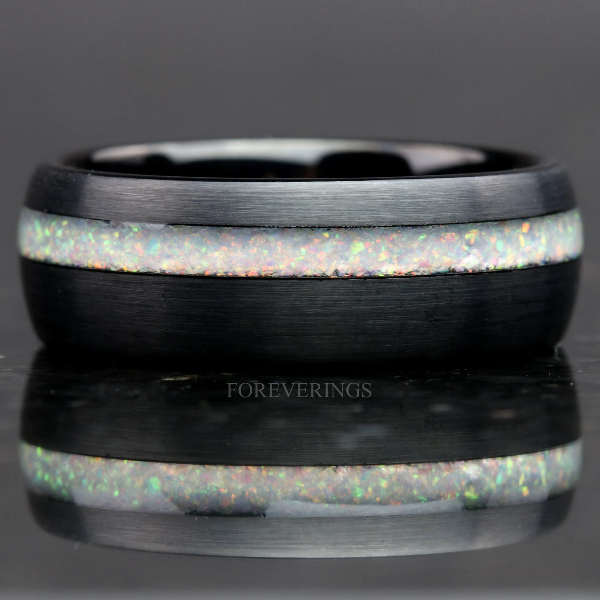 Mens Opal Wedding Band | White Fire Opal Black Tungsten
