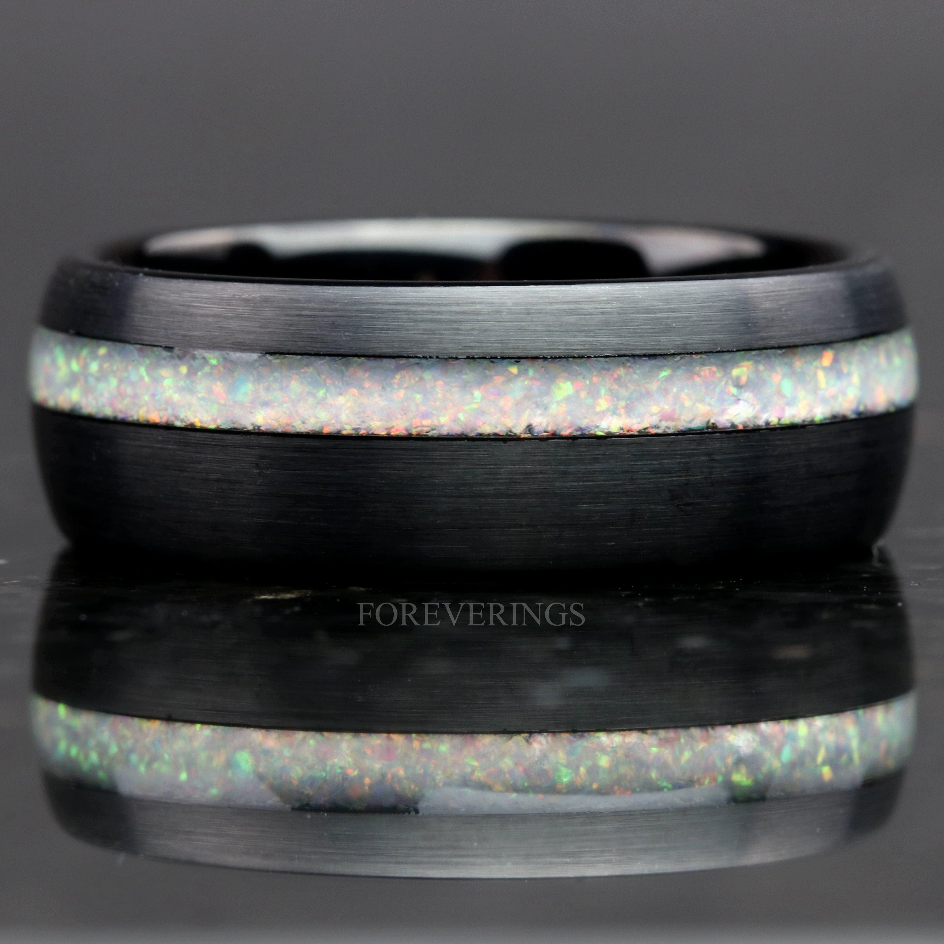 Mens Opal Ring, Black Wedding Band, 8mm Men Tungsten Band, White Opal Ring, Crushed Fire Opal, Black Tungsten, Brushed, Dome, Ring Engrave