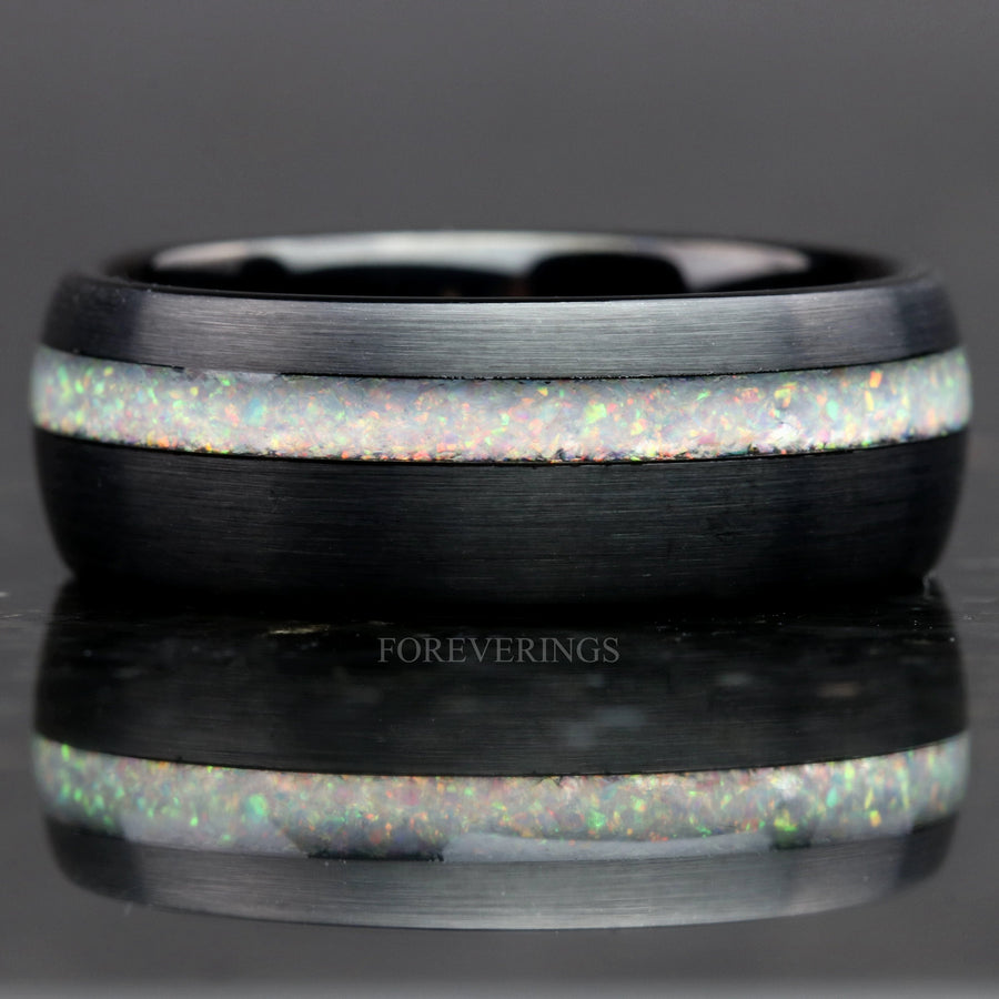 Mens Opal Wedding Band | White Fire Opal Black Tungsten