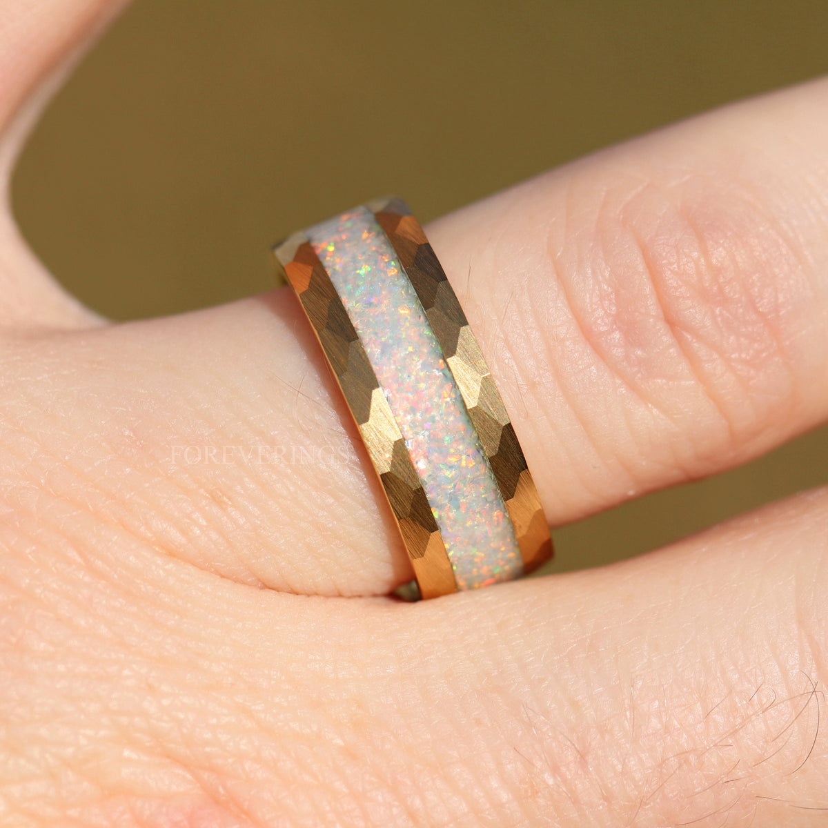 White Fire Opal Hammered Tungsten Wedding Band | Yellow Gold 8mm Ring