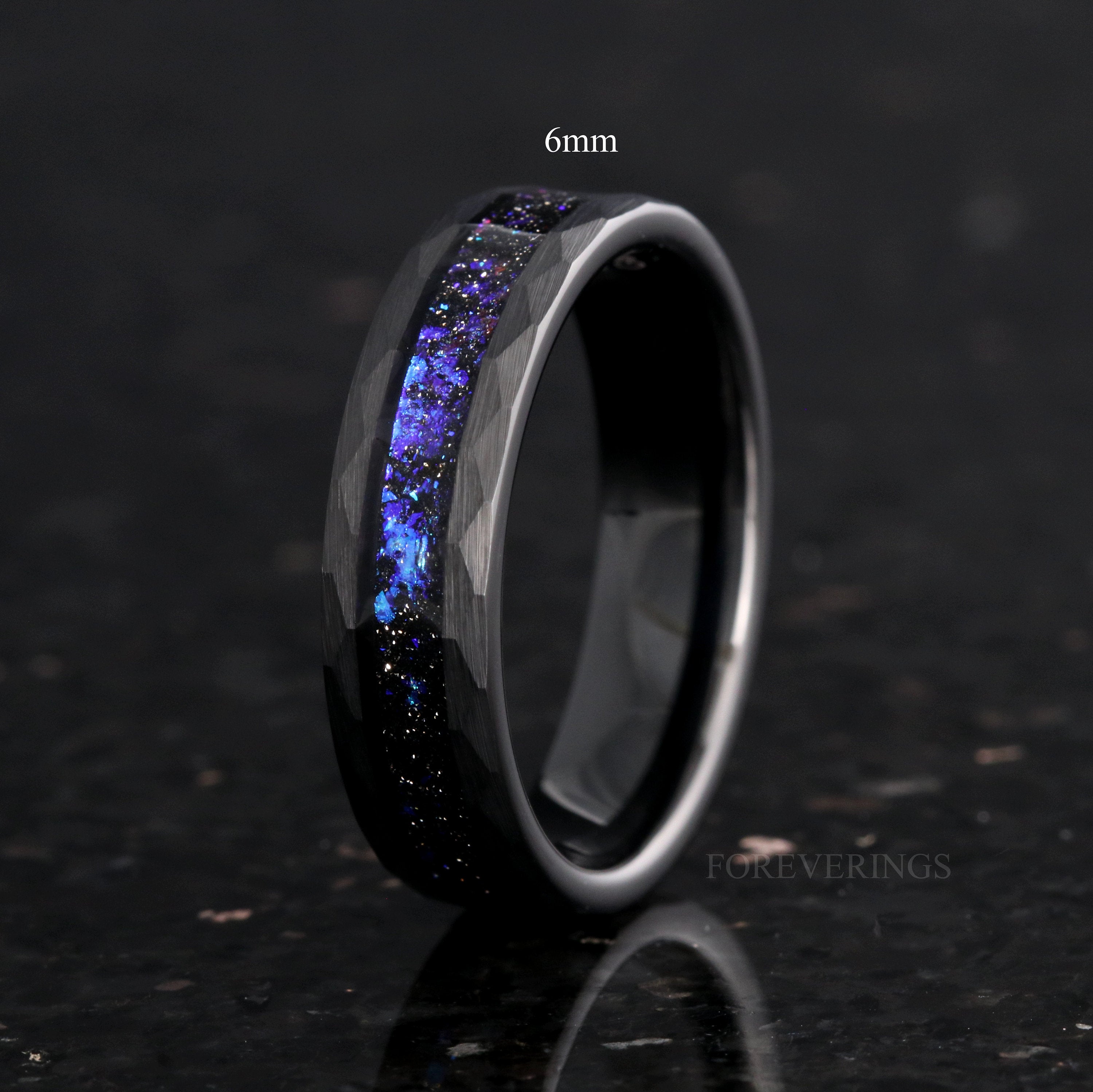 Orion Nebula Ring Hammer, Black Tungsten Outer Space Ring, 8mm-6mm-4mm, Men Woman Wedding Band, Flat Brush Hammer, Blue Nebula Ring, Engrave