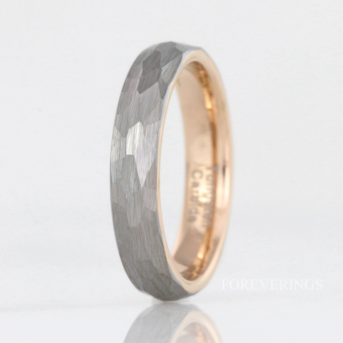 His and Hers Tungsten Wedding Band Set, 8mm-4mm Couples Ring Set, Two-Tone, Rose Gold Plated, Hammered, Dome, Matte Brush, Comfort Fit