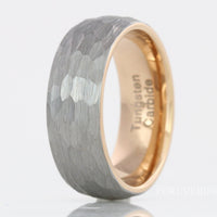 Hammered Rose Gold Tungsten Wedding Band for Men, 8mm Brushed Ring, Silver Rose Gold Two Tone Ring, Mens Engagement Ring, Ring Engraving
