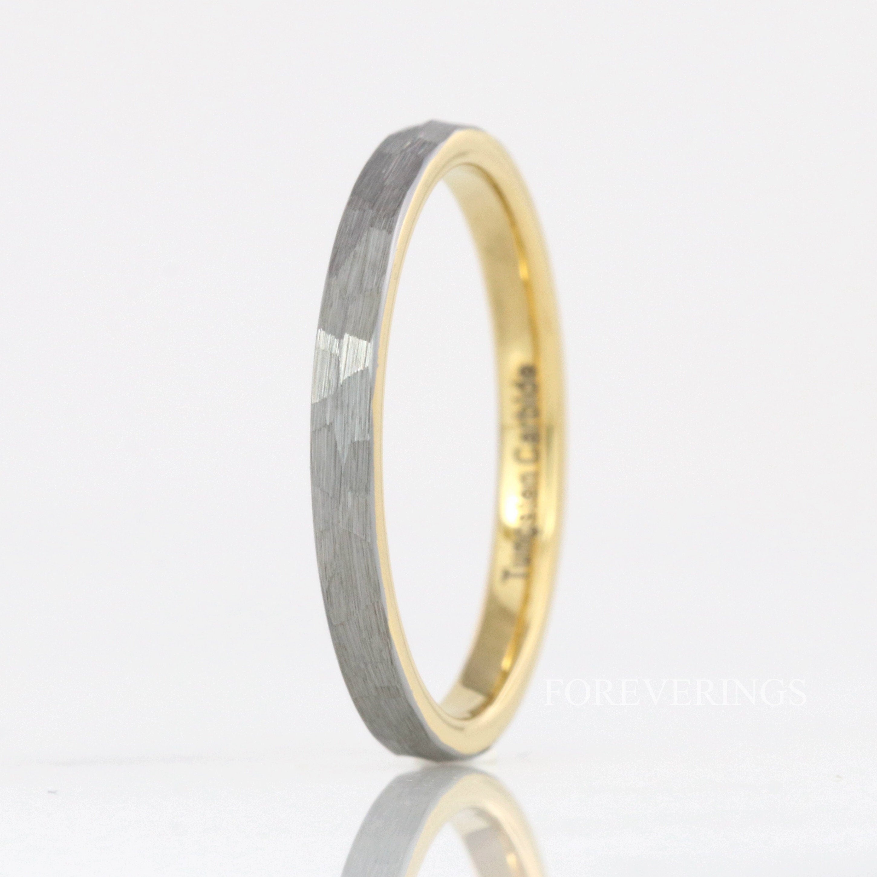 Hammered Gold Wedding Band for Women Men, 2mm 4mm Brushed Tungsten Ring, Silver and Gold Two Tone Ring, Promise Ring, Ring Engraving