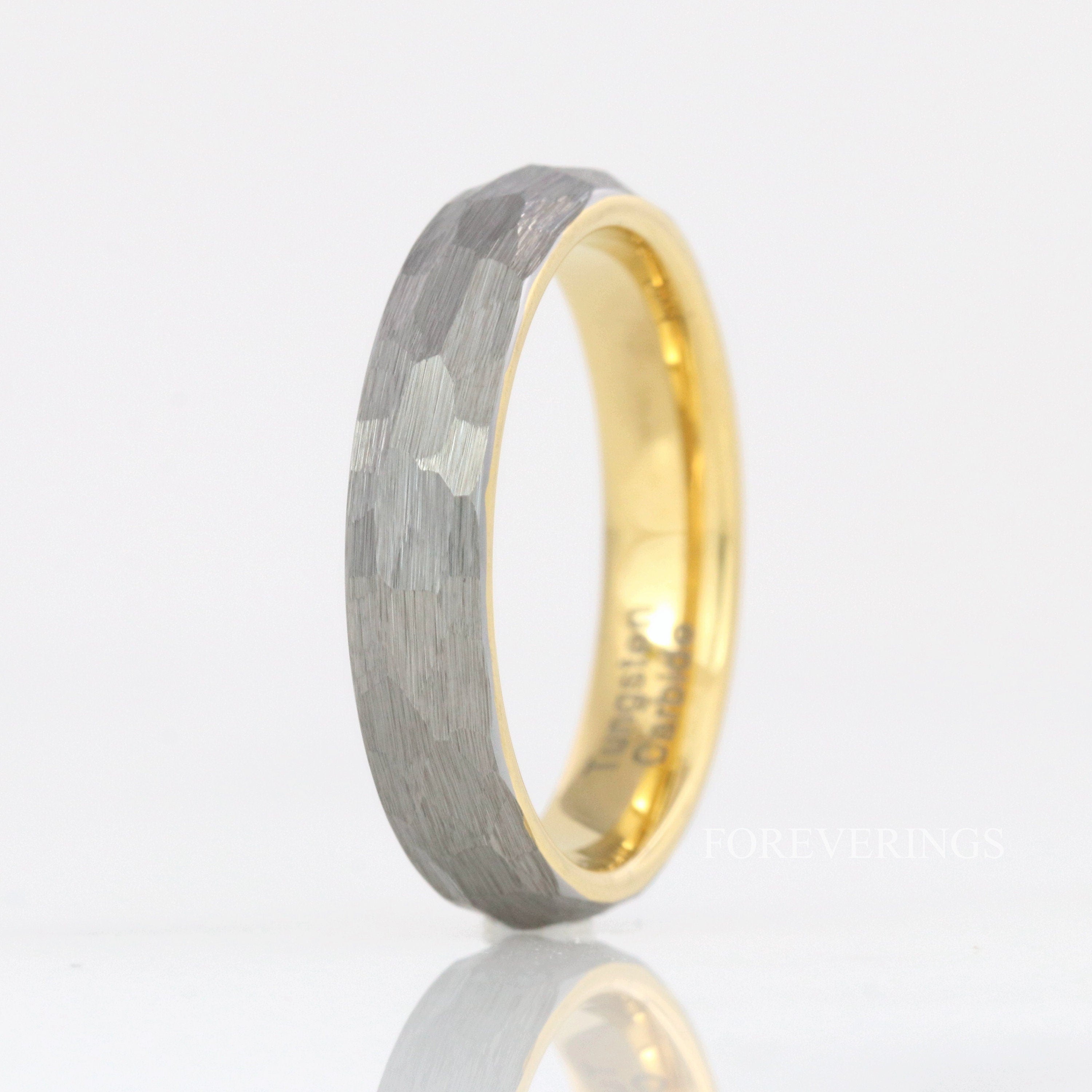 Hammered Gold Wedding Band for Women Men, 2mm 4mm Brushed Tungsten Ring, Silver and Gold Two Tone Ring, Promise Ring, Ring Engraving