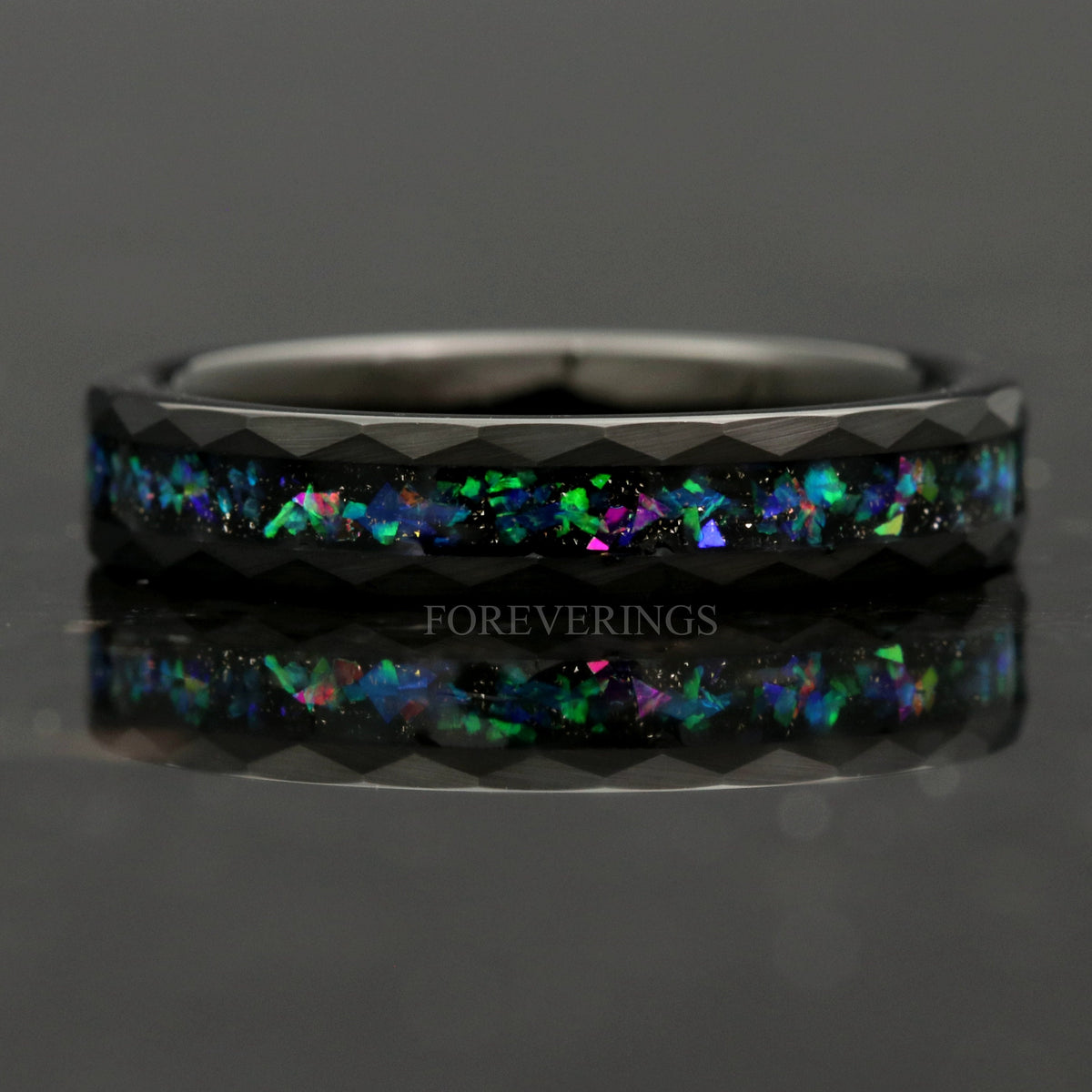 Galaxy Opal Hammered Matte Black Tungsten Band | 4mm Flat Ring