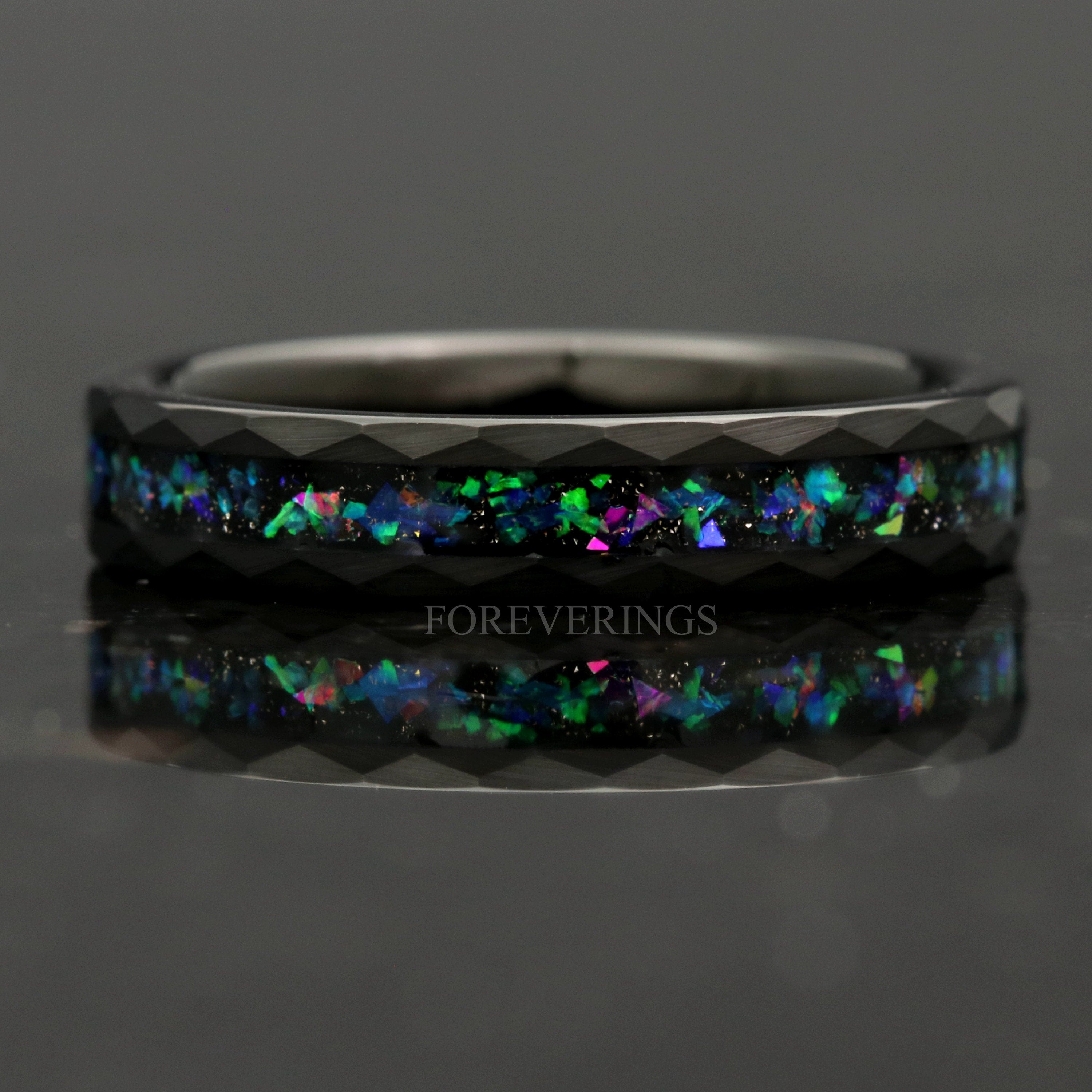 Galaxy Opal Ring, 4mm Black Tungsten Wedding Band, Hammered, Flat, Matte Brushed, Comfort Fit, Women Men Ring