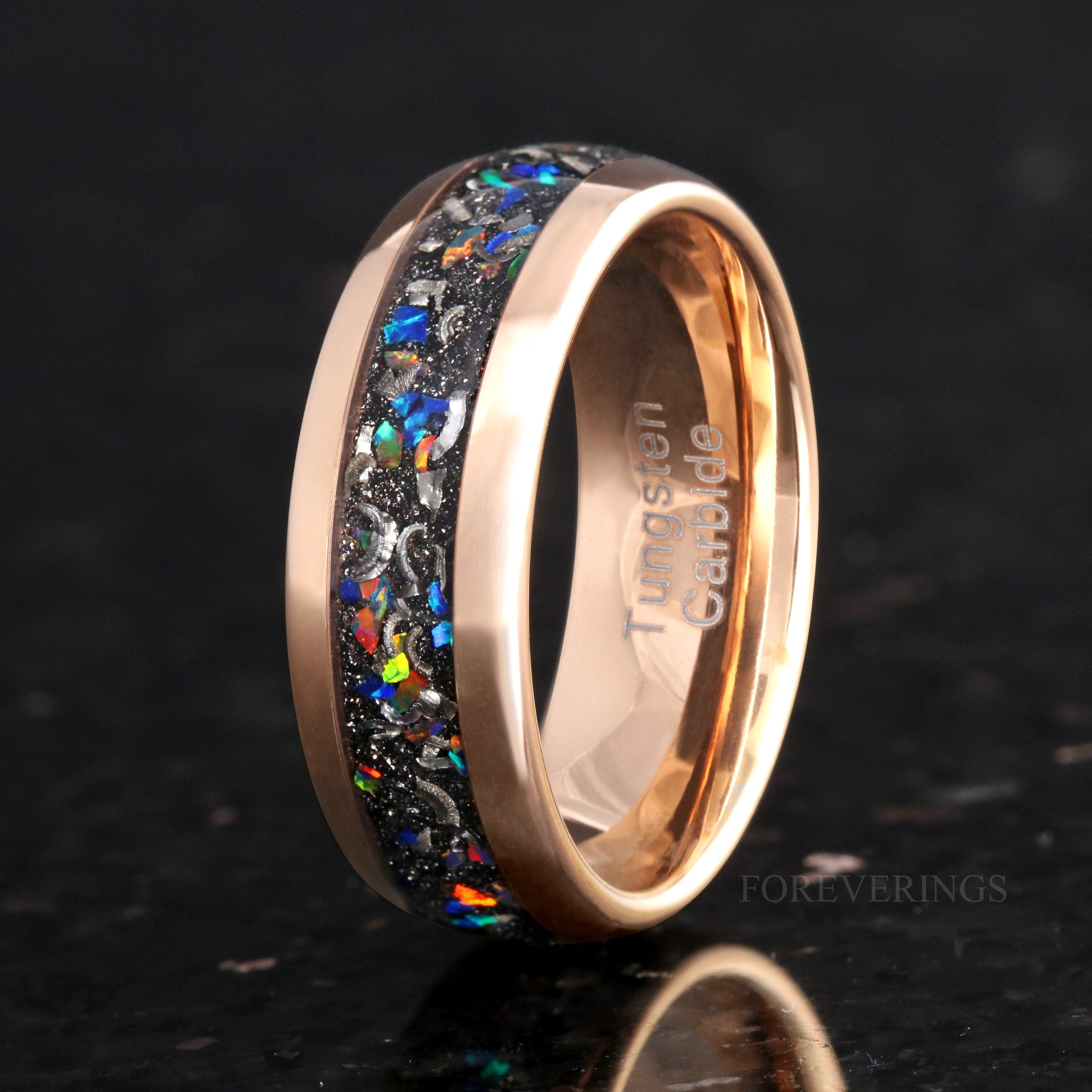 Meteorite and Galaxy Opal Ring Set, His and Hers Tungsten Wedding Band, 8mm & 4mm Rose Gold Plated Tungsten Rings, Polish, Dome, Comfort Fit