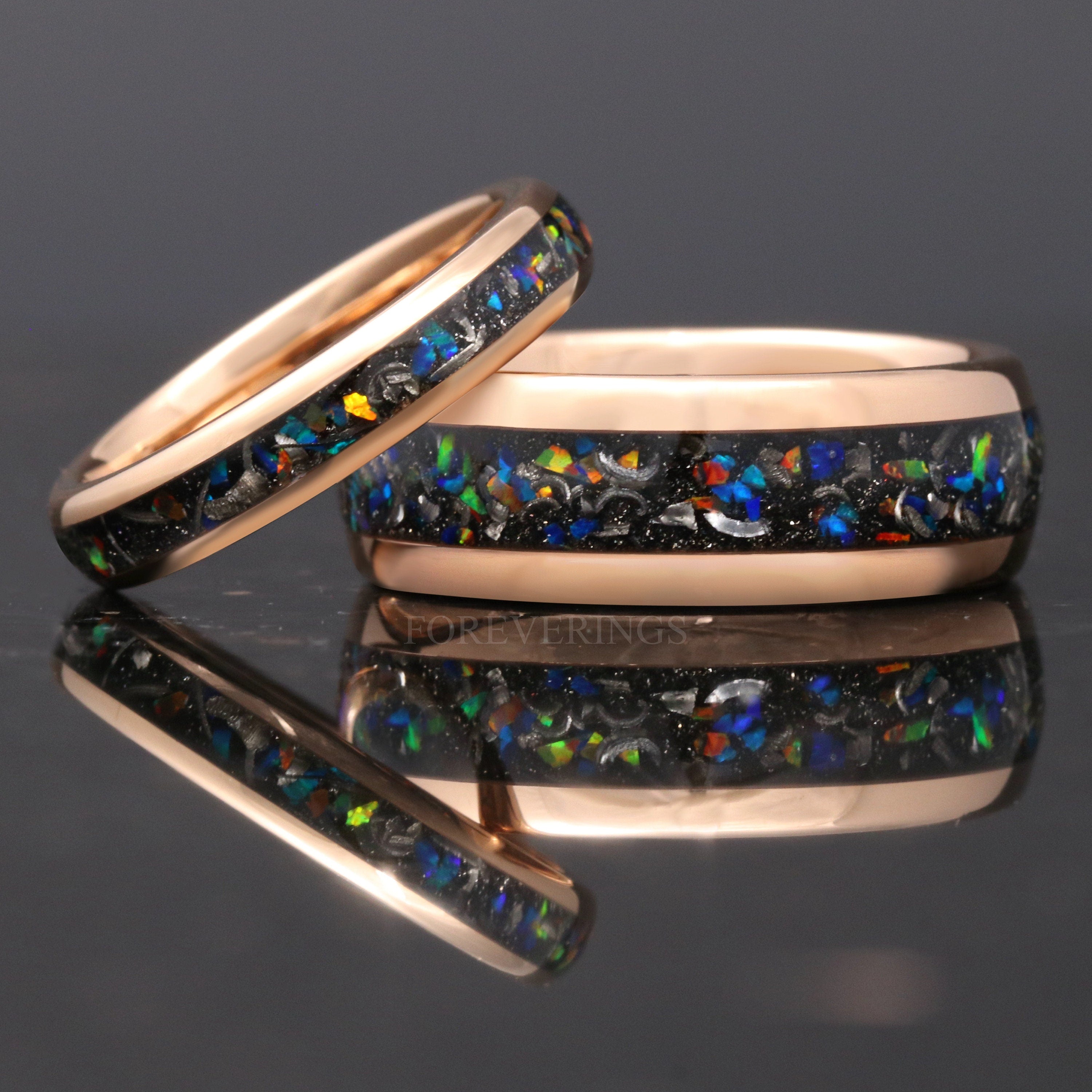 Meteorite and Galaxy Opal Ring Set, His and Hers Tungsten Wedding Band, 8mm & 4mm Rose Gold Plated Tungsten Rings, Polish, Dome, Comfort Fit