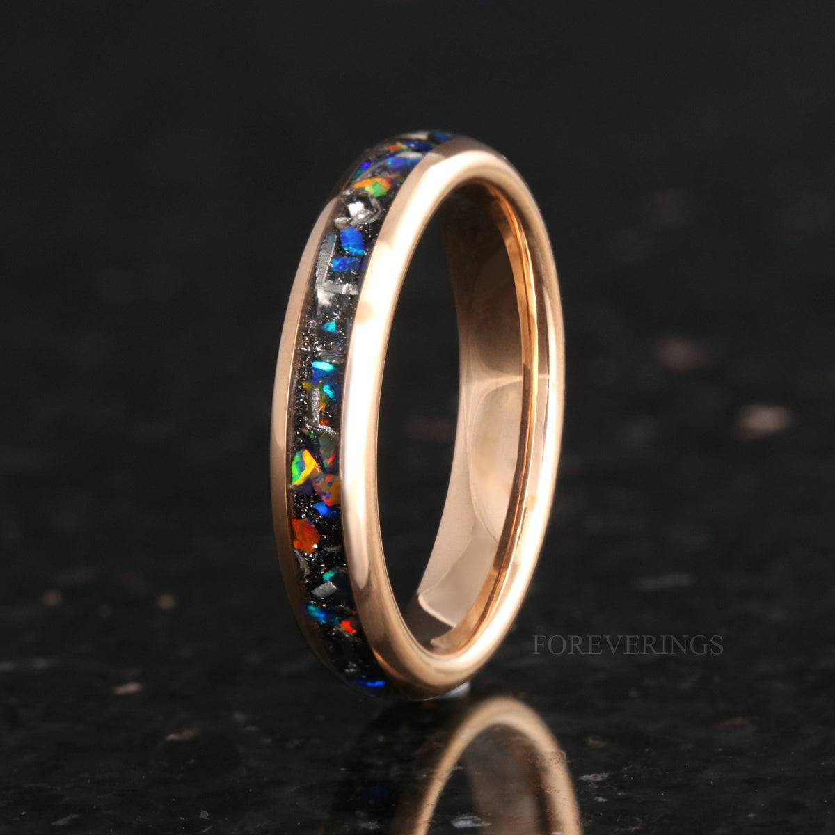Galaxy Opal Meteorite Ring | Rose Gold Tungsten Wedding Band | 4mm