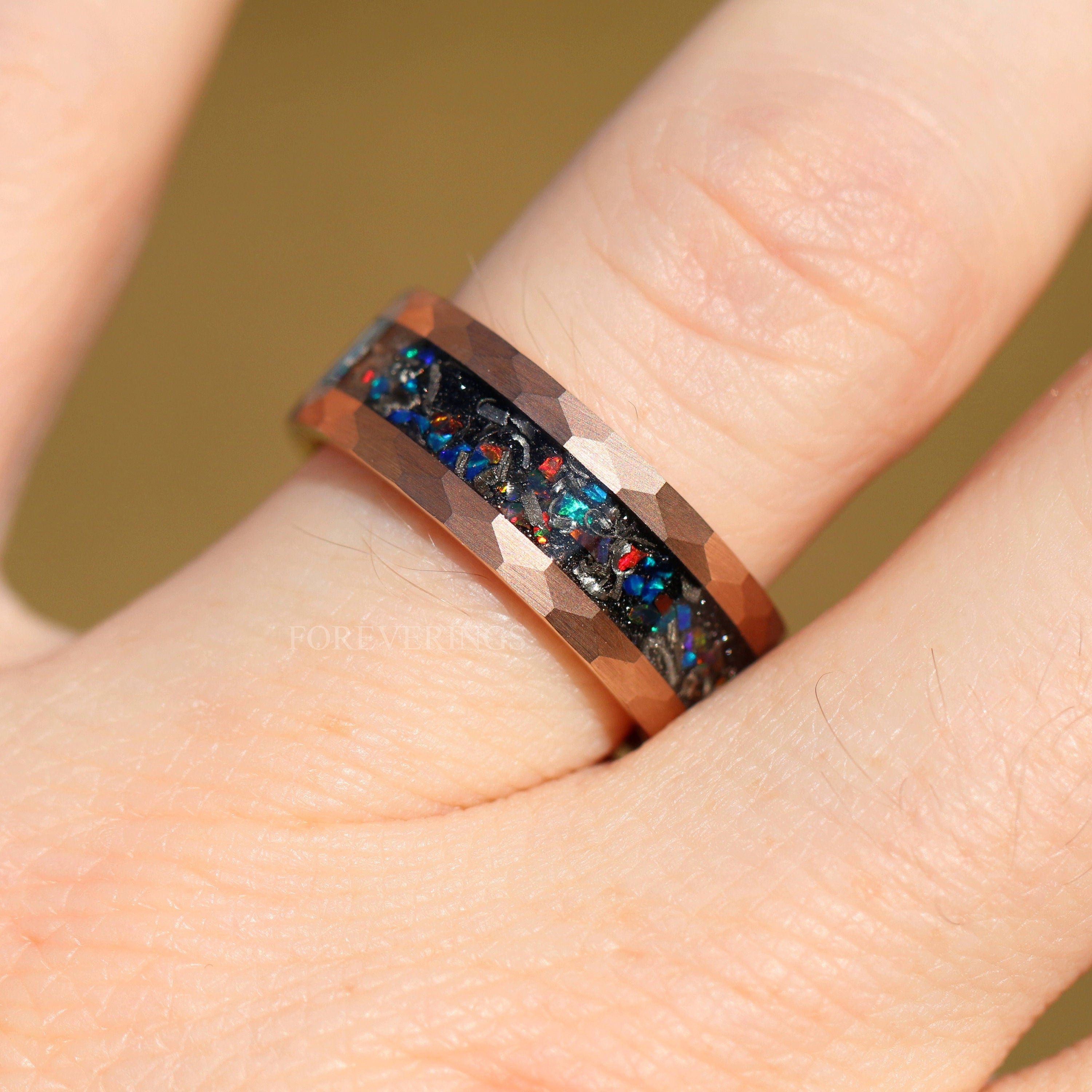 Meteorite and Galaxy Opal Ring Set, His and Hers Tungsten Wedding Band, 8mm & 4mm Rose Gold Tungsten Rings, Hammer, Flat, Brush, Comfort Fit