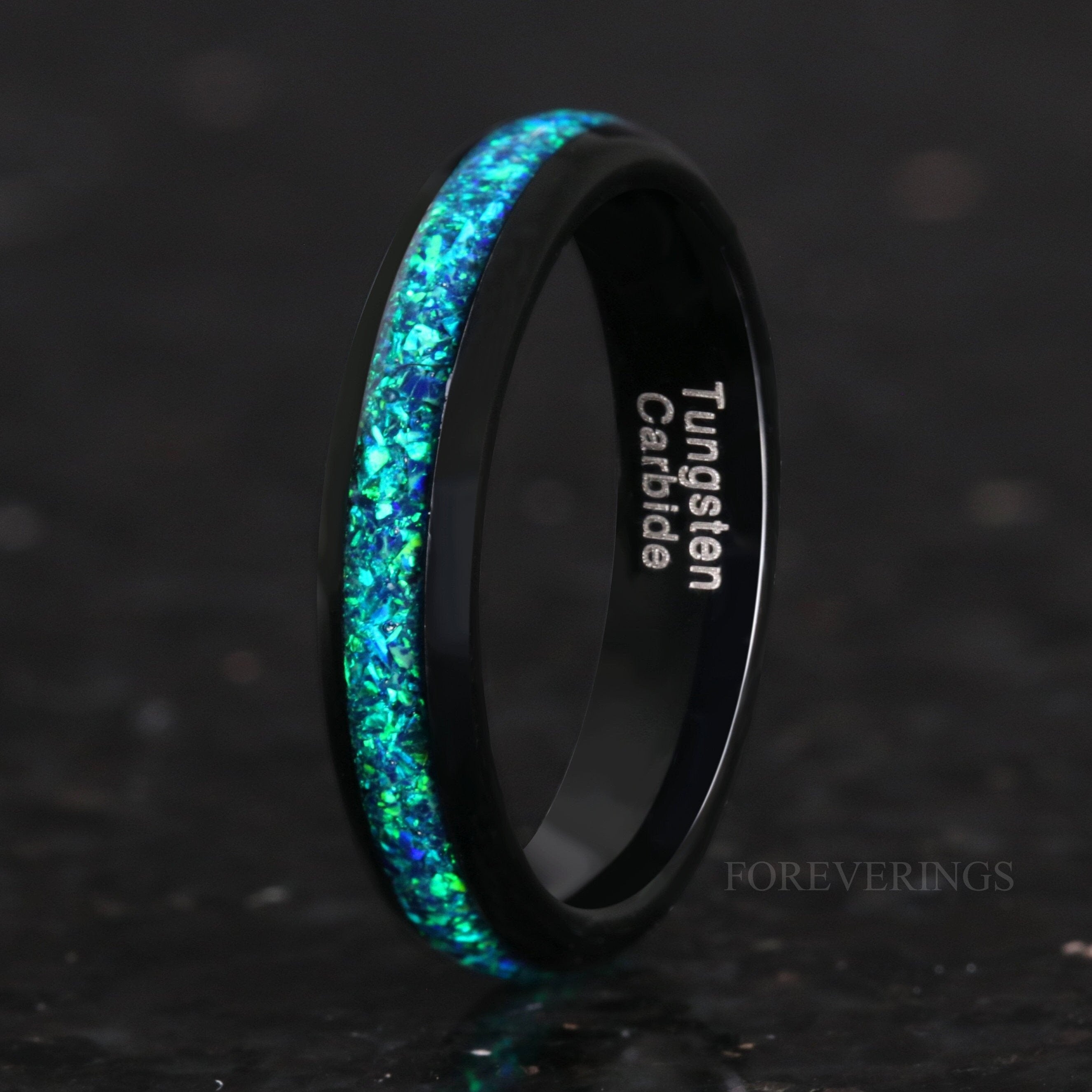 Emerald Coast Ring, 4mm Tungsten Wedding Band, Women Men Ring, Black Ring, Black Emerald Opal Ring, Dome, Polish, Comfort Fit