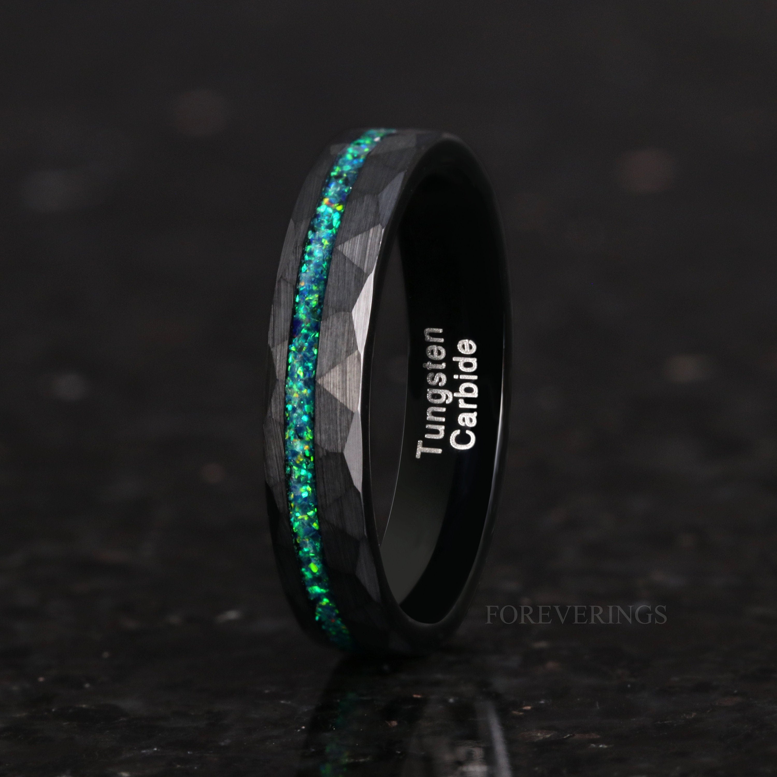 Emerald Coast Ring, 4mm Tungsten Wedding Band, Women Men Ring, Black Ring, Black Emerald Opal, Hammered, Brushed Matte, Flat, Comfort Fit