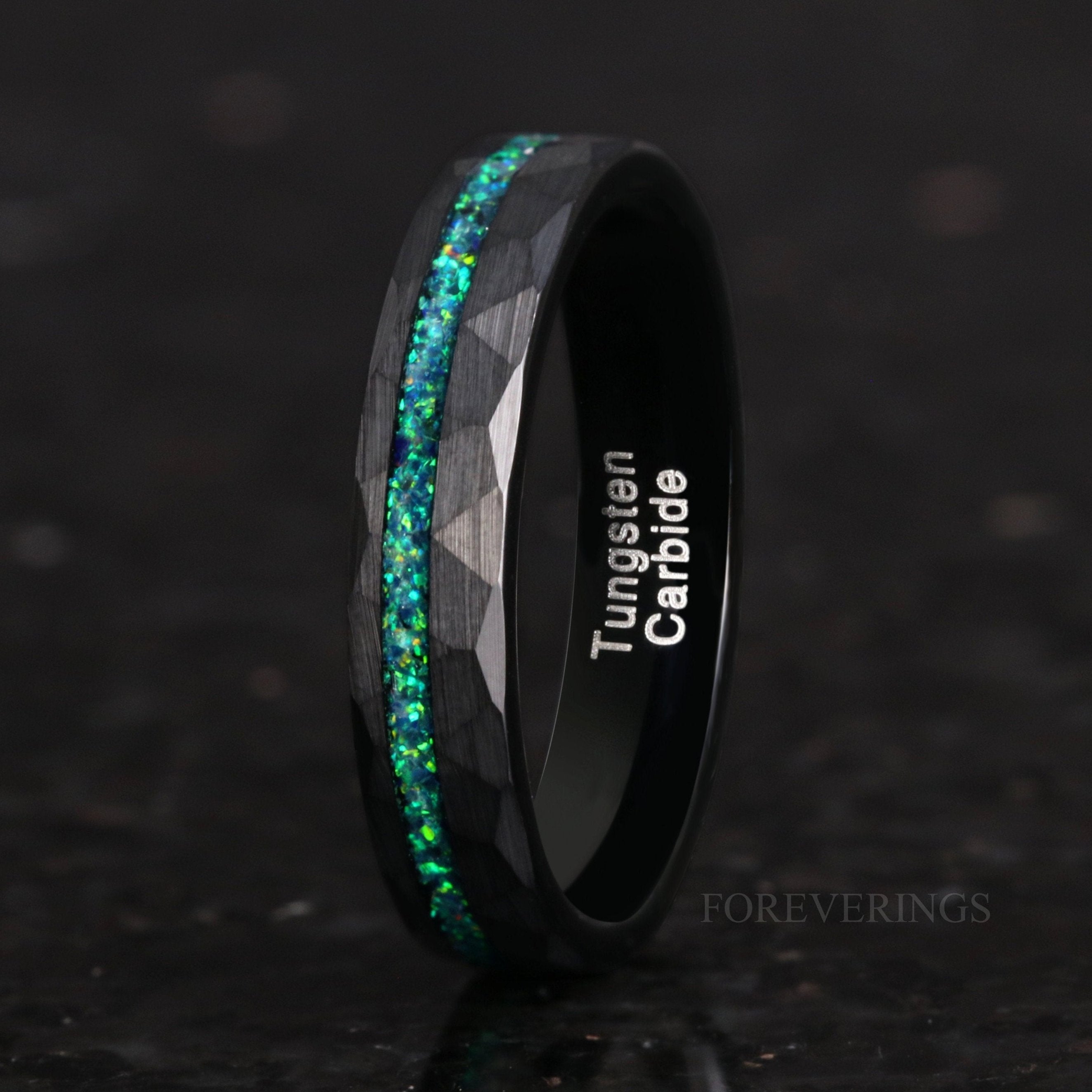 Emerald Coast Ring, 4mm Tungsten Wedding Band, Women Men Ring, Black Ring, Black Emerald Opal, Hammered, Brushed Matte, Flat, Comfort Fit