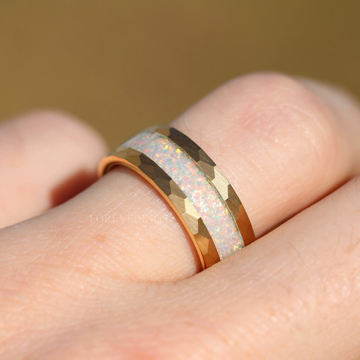 White Fire Opal Hammered Tungsten Wedding Band | Yellow Gold 8mm Ring
