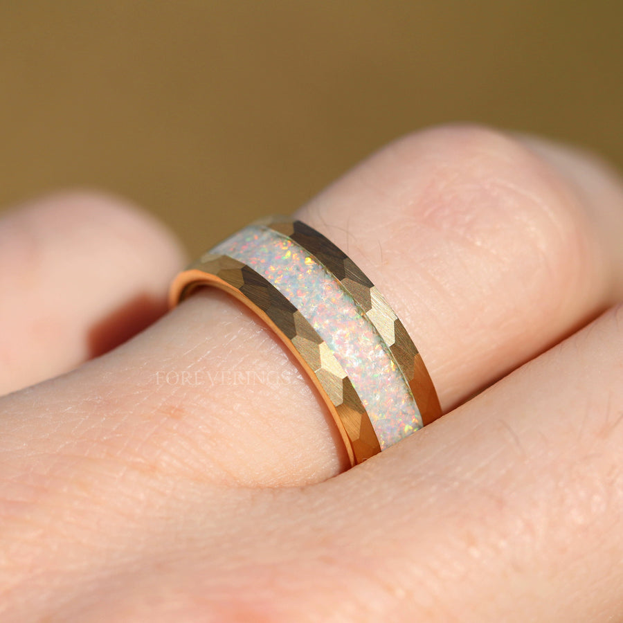 White Fire Opal Hammered Tungsten Wedding Band | Yellow Gold 8mm Ring