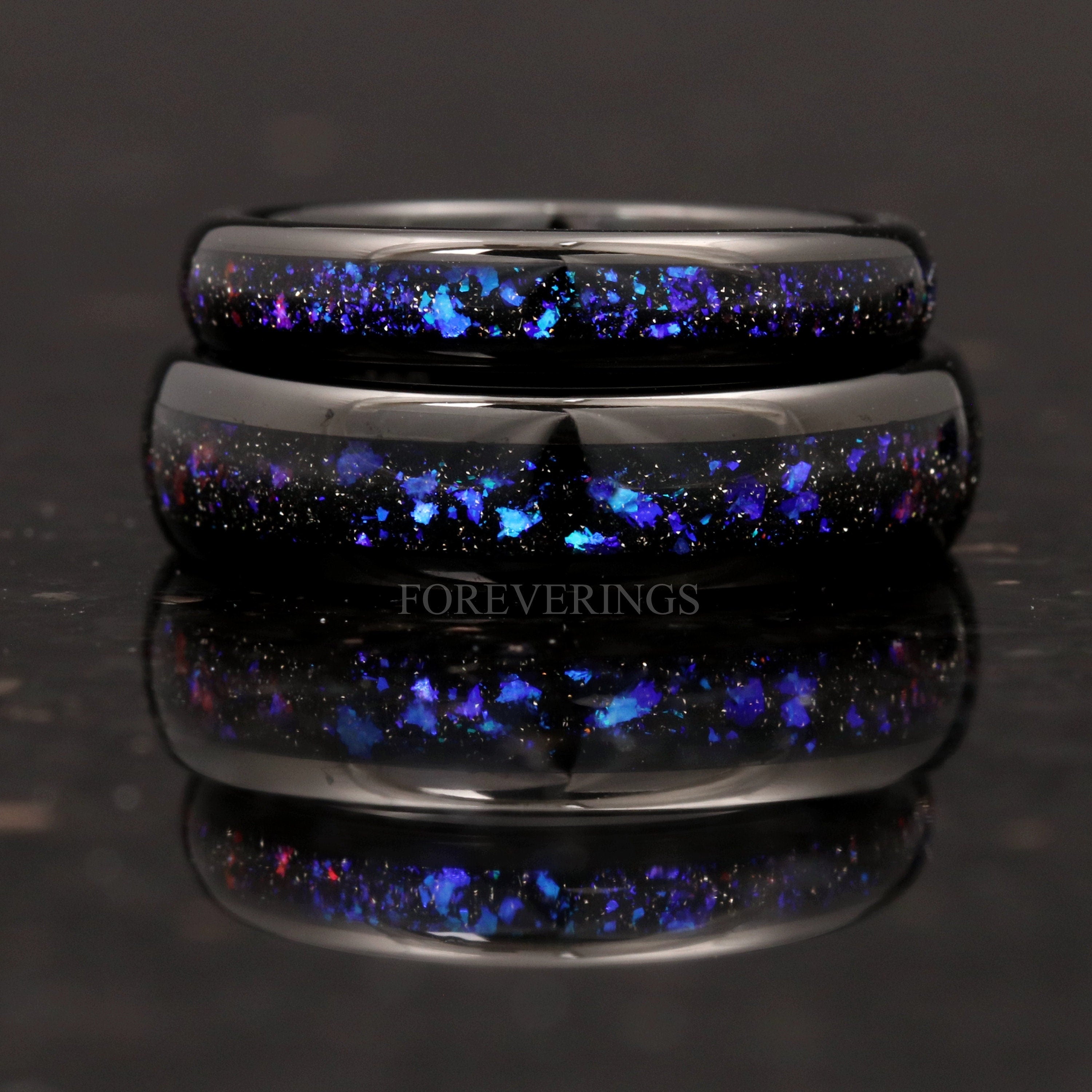 Orion Nebula Ring Set, His and Her Tungsten Wedding Band, 6mm & 4mm Black Ring, Outer Space Couples Ring, Polish, Dome, Comfort Fit