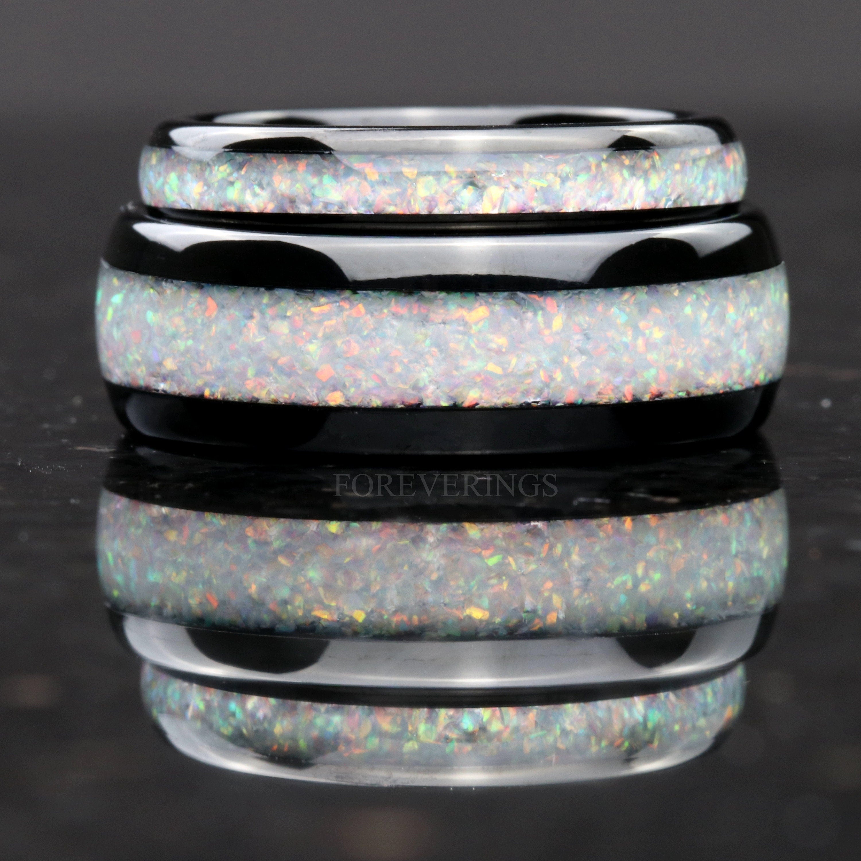 His and Hers Tungsten Wedding Band, Crushed White Fire Opal Ring, 8mm & 4mm Black Tungsten Ring Set, Couples Ring, Polish, Dome, Comfort Fit