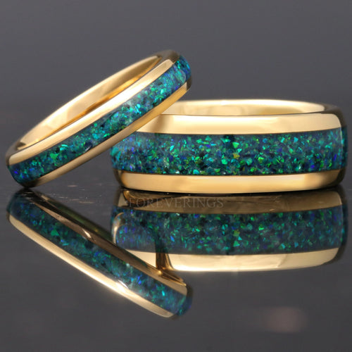 Emerald Coast Ring Set, His and Hers Tungsten Wedding Band, 8mm & 4mm Gold Plated Ring, Black Emerald Opal, Couples Ring, Dome, Comfort Fit
