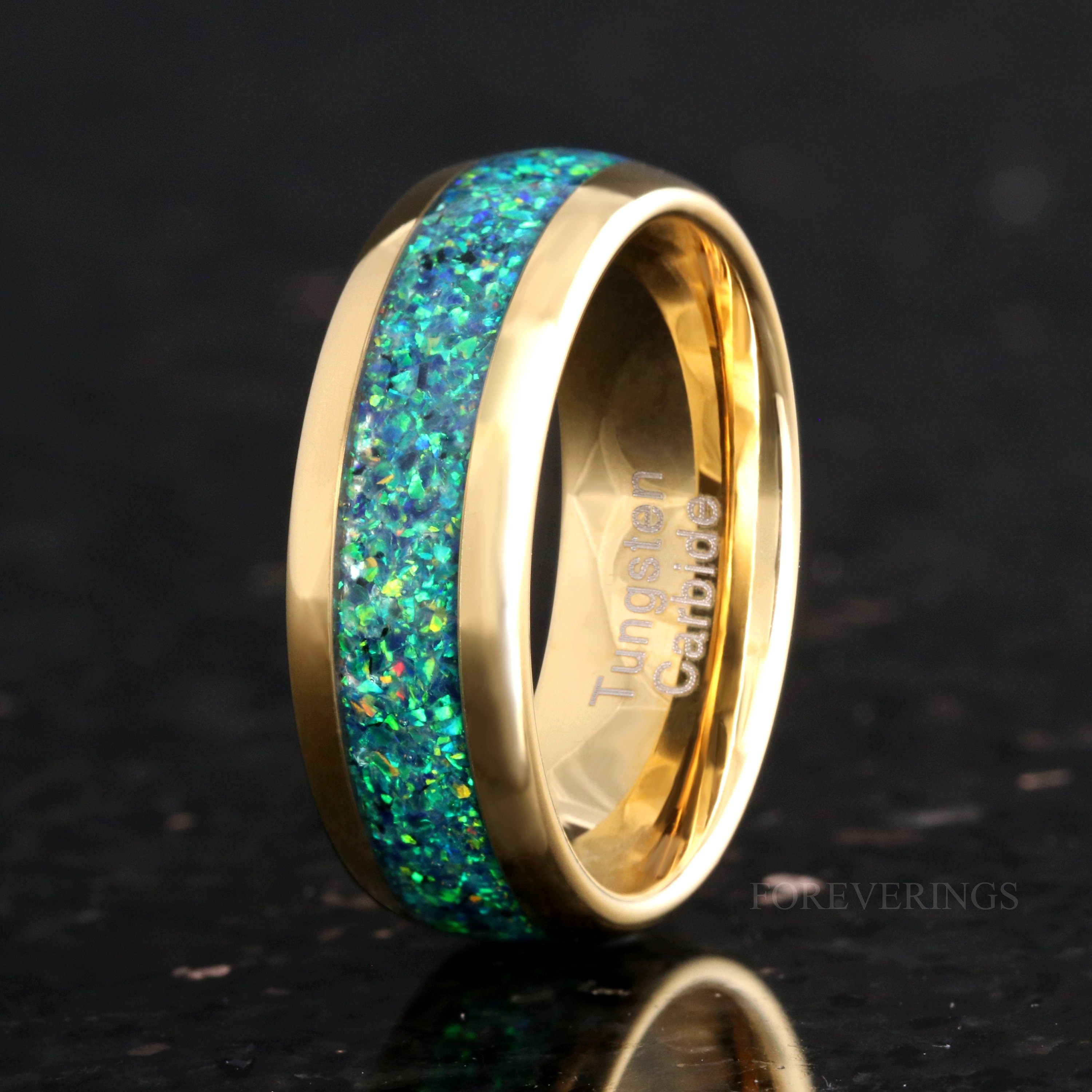 Emerald Coast Ring Set, His and Hers Tungsten Wedding Band, 8mm & 4mm Gold Plated Ring, Black Emerald Opal, Couples Ring, Dome, Comfort Fit