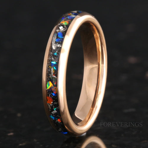 Galaxy Opal Meteorite Ring | Rose Gold Tungsten Wedding Band | 4mm
