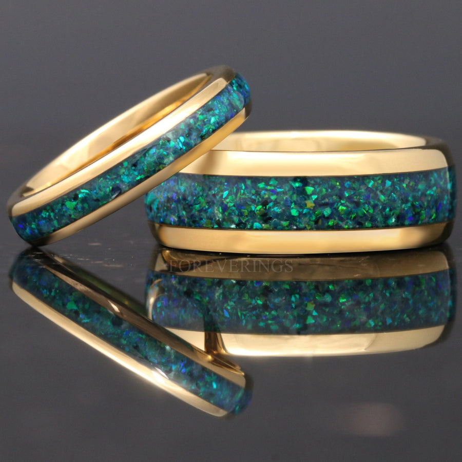 Black Emerald Opal Wedding Ring for Women | 4mm Gold Plated Tungsten Band