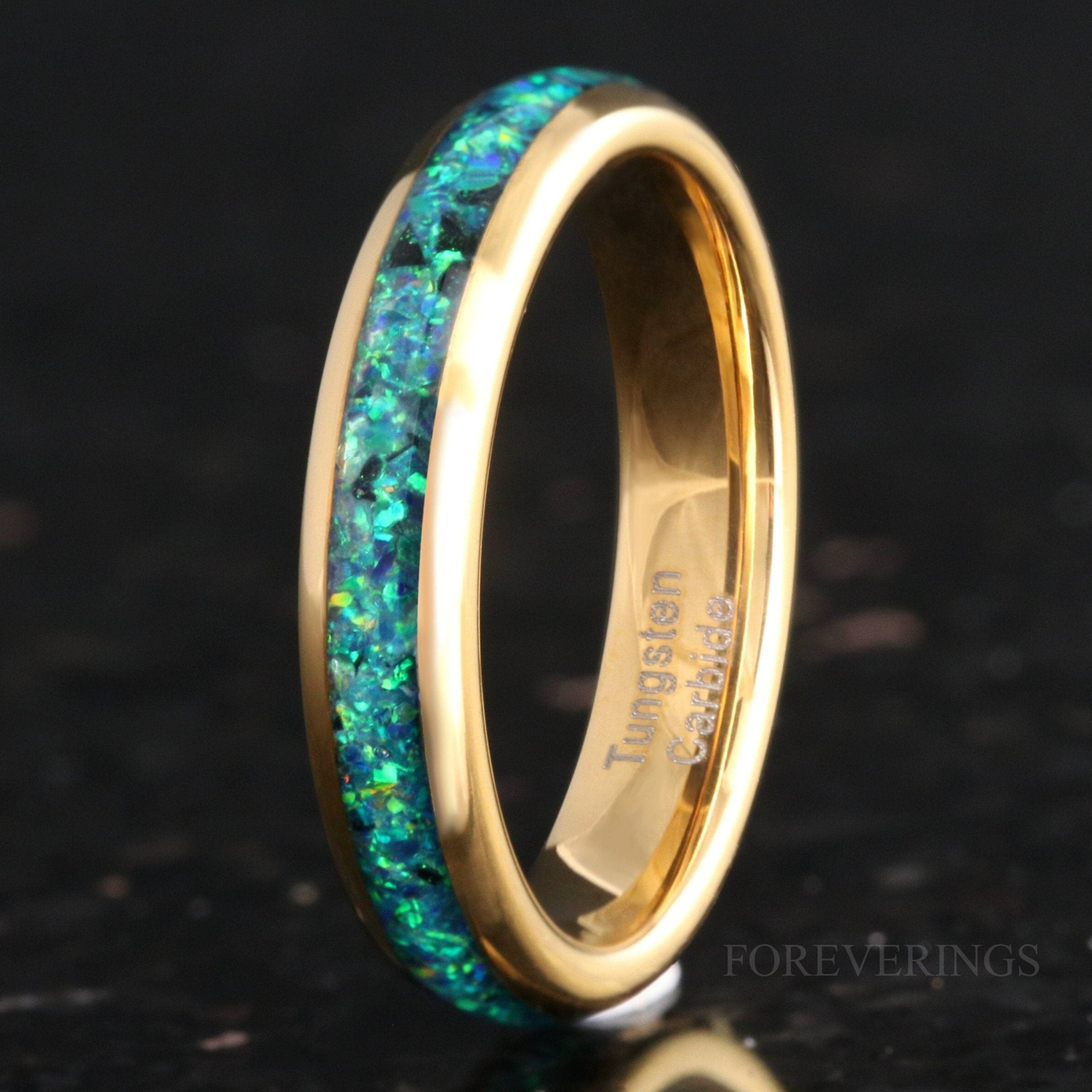 Emerald Coast Ring, 4mm Tungsten Wedding Band, Black Emerald Opal Ring, Yellow Gold Plated Ring, Polish, Dome, Comfort Fit, Birthday Gift