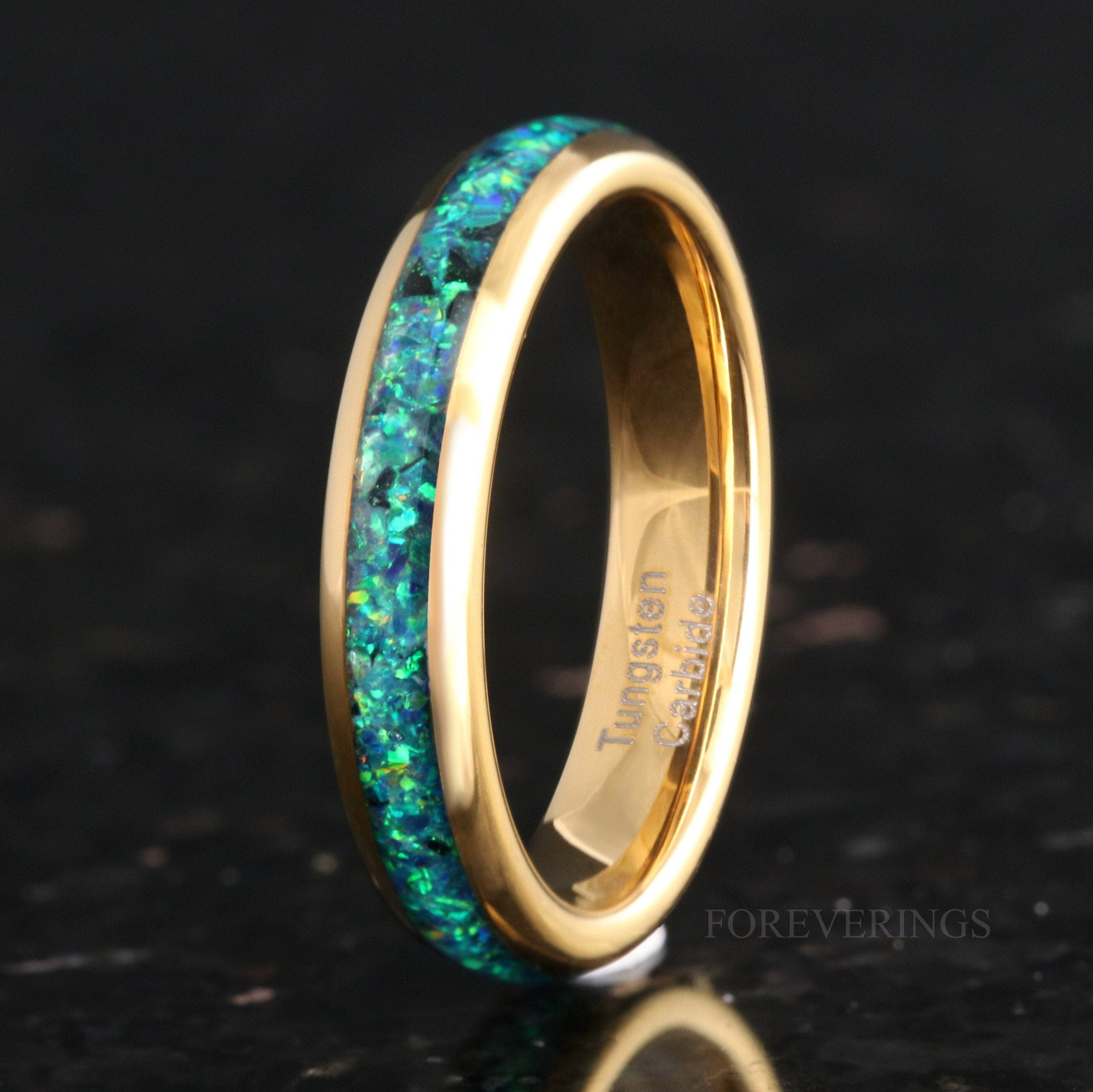 Emerald Coast Ring, 4mm Tungsten Wedding Band, Black Emerald Opal Ring, Yellow Gold Plated Ring, Polish, Dome, Comfort Fit, Birthday Gift