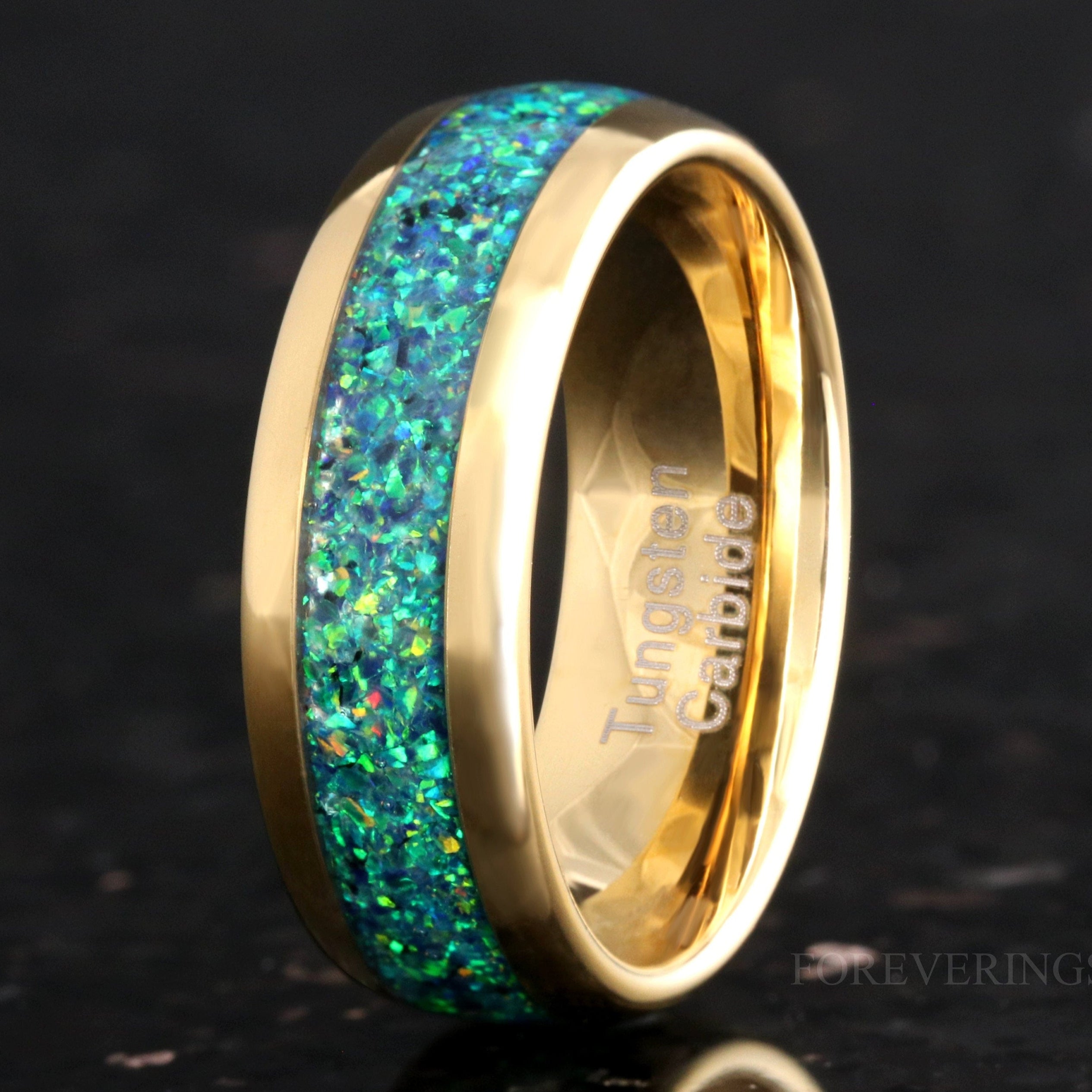 Emerald Coast Ring, 8mm Tungsten Wedding Band, Opal Ring, Gold Plated Ring, Black Emerald Opal, Polish, Dome, Comfort Fit, Gift for Him