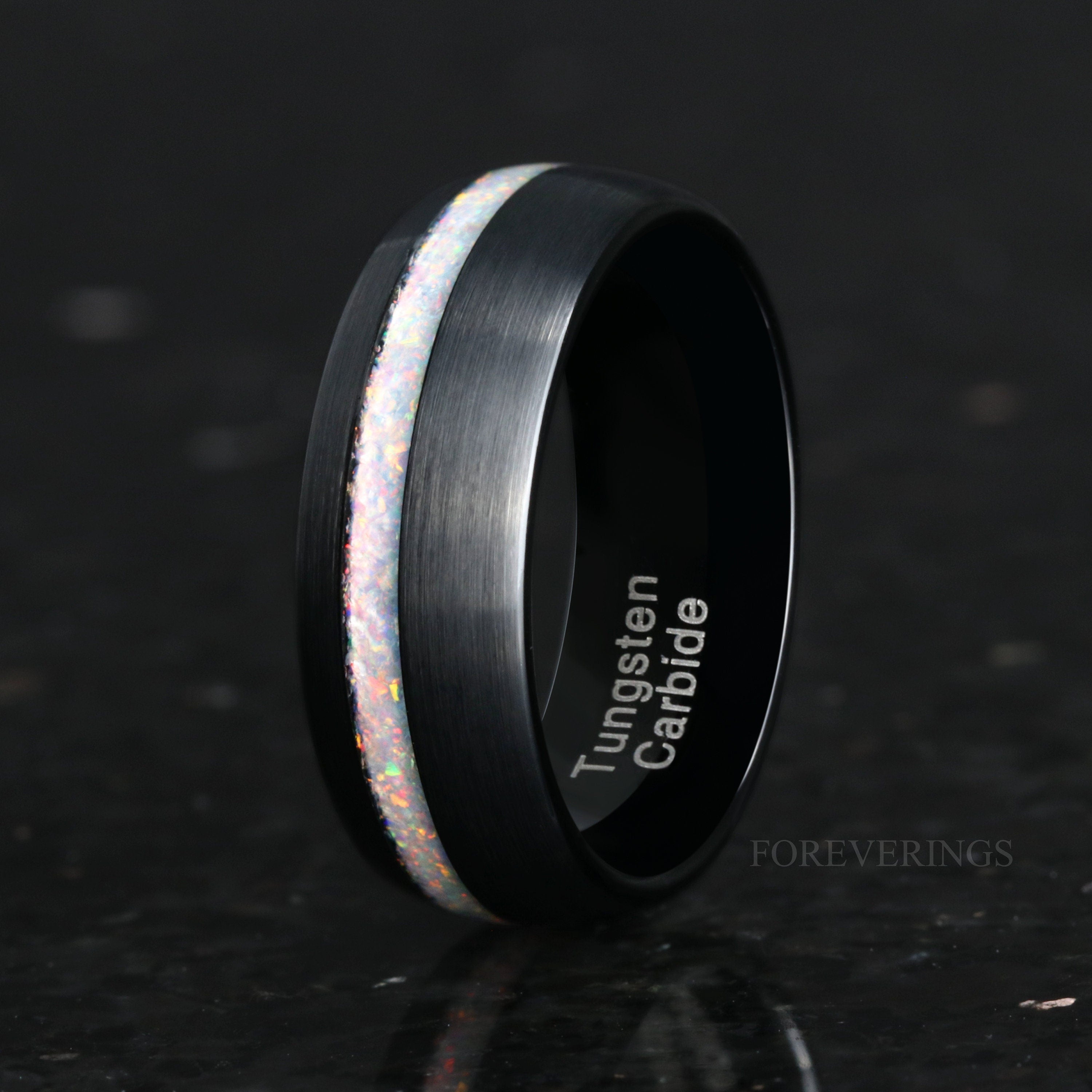 Mens Opal Ring, Black Wedding Band, 8mm Men Tungsten Band, White Opal Ring, Crushed Fire Opal, Black Tungsten, Brushed, Dome, Ring Engrave