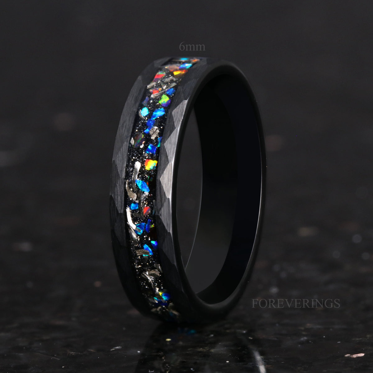 Meteorite Galaxy Opal Wedding Band | Hammered Black Tungsten Ring