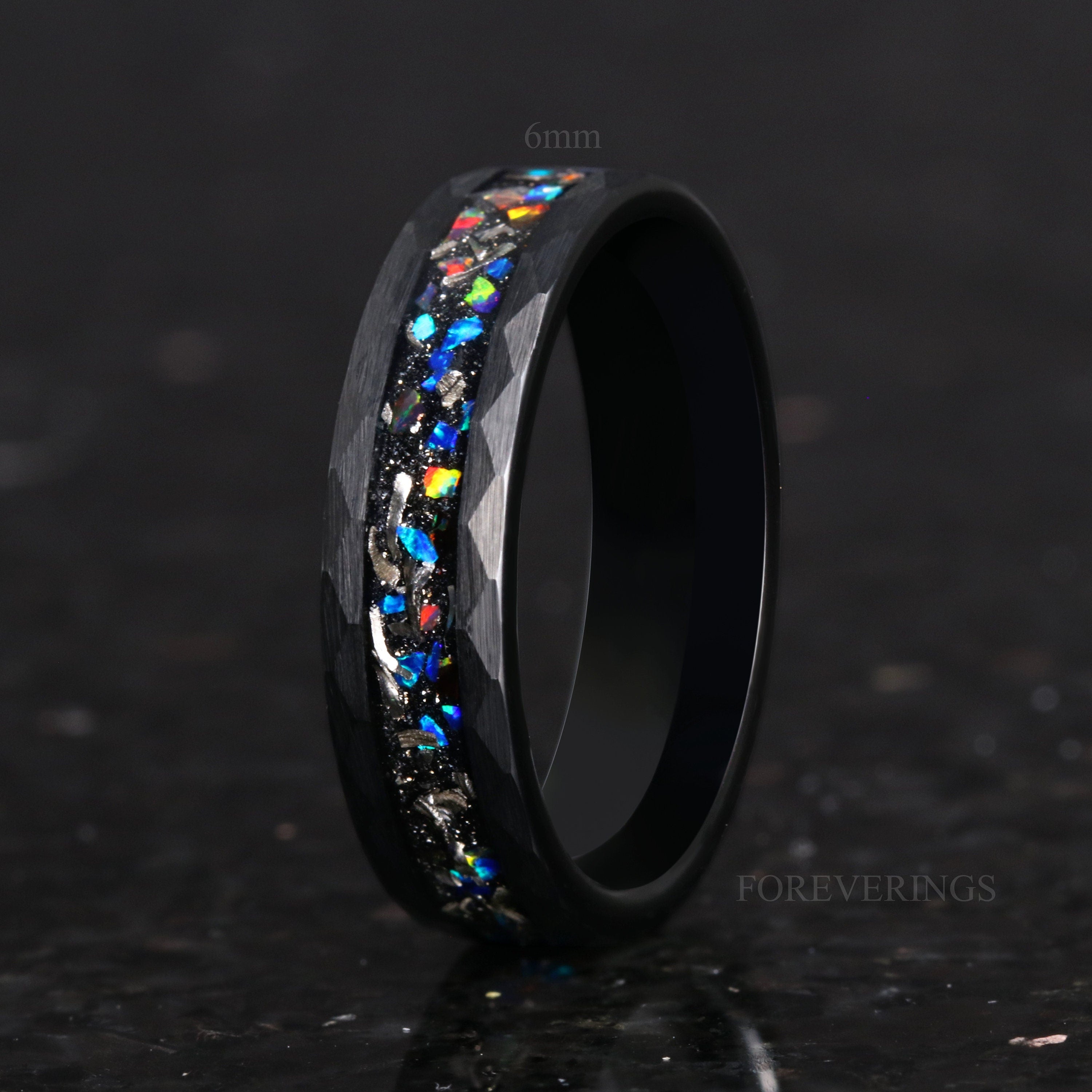 Meteorite Galaxy Opal Wedding Band, Black Tungsten Ring, 8mm-6mm-4mm, Hammered, Flat, Matte Brushed, Authentic Meteorite Ring, Unique Ring