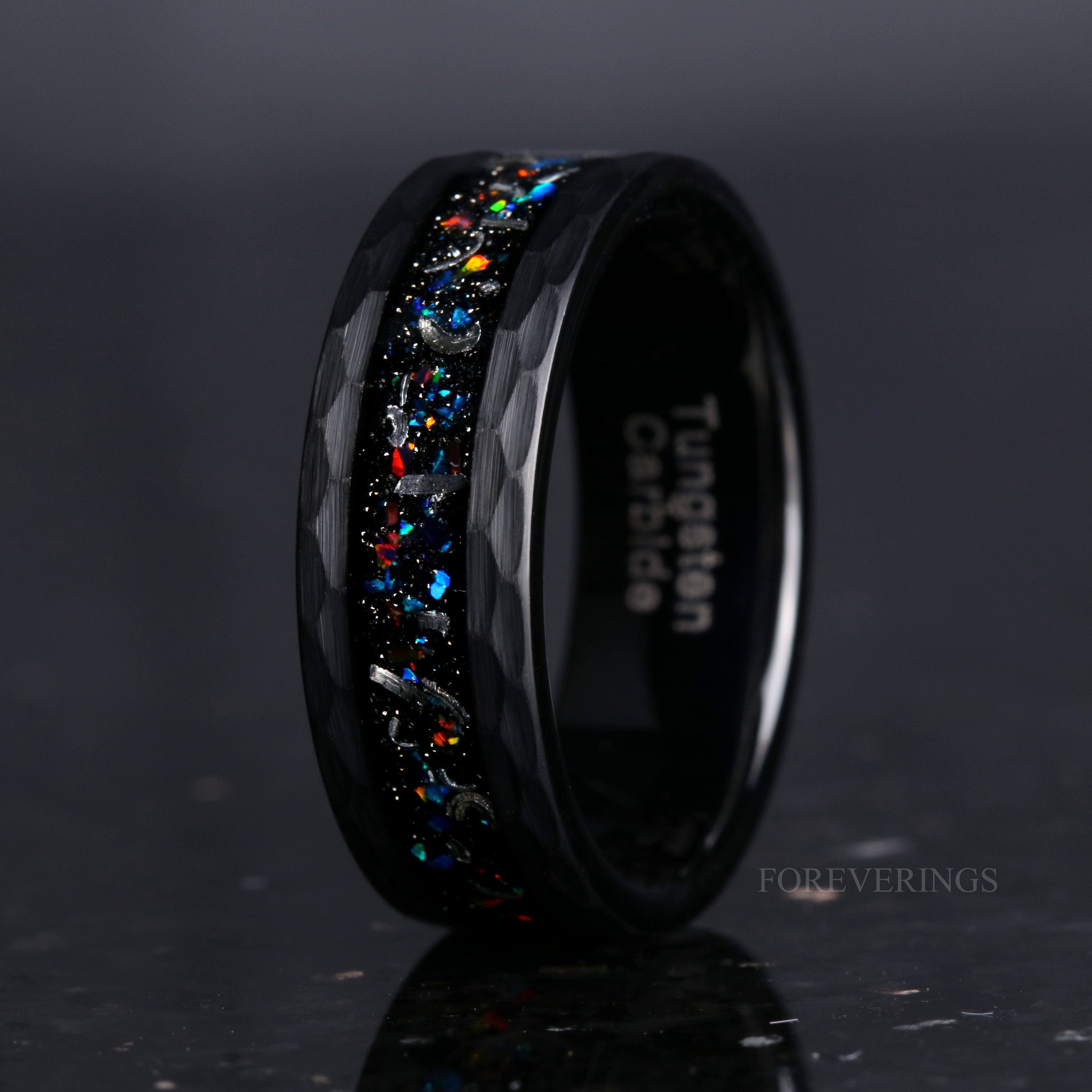 Meteorite Galaxy Opal Wedding Band, Black Tungsten Ring, 8mm-6mm-4mm, Hammered, Flat, Matte Brushed, Authentic Meteorite Ring, Unique Ring