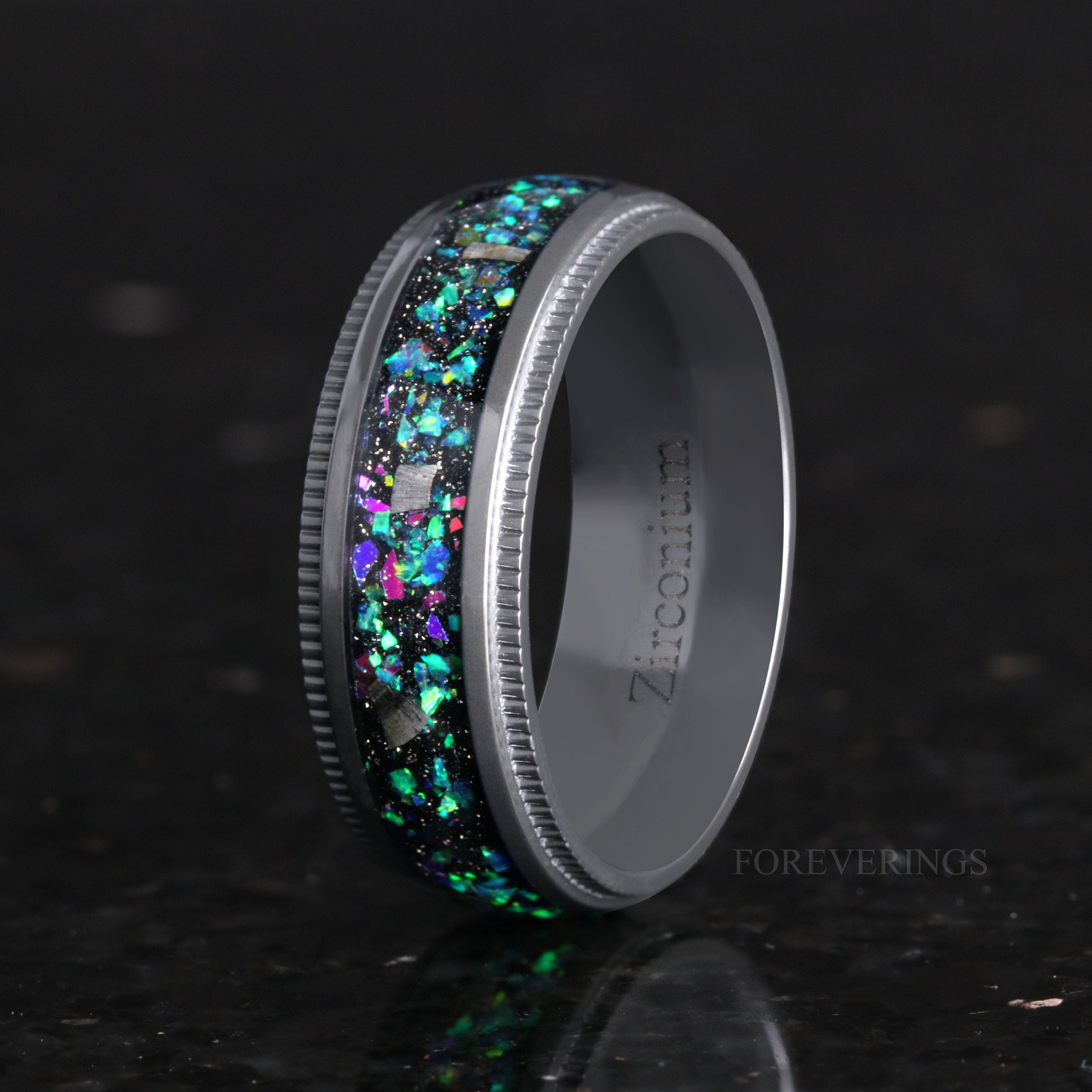 Zirconium, Meteorite and Galaxy Opal Wedding Band, 8mm Black Ring, Milgrain, Dome, Polished, Comfort Fit, Gift for Him, Unique Ring